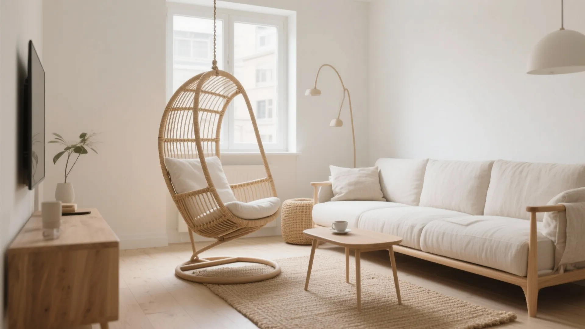 Bright minimalist living room featuring white walls light wood floor beige sofa and rattan chair