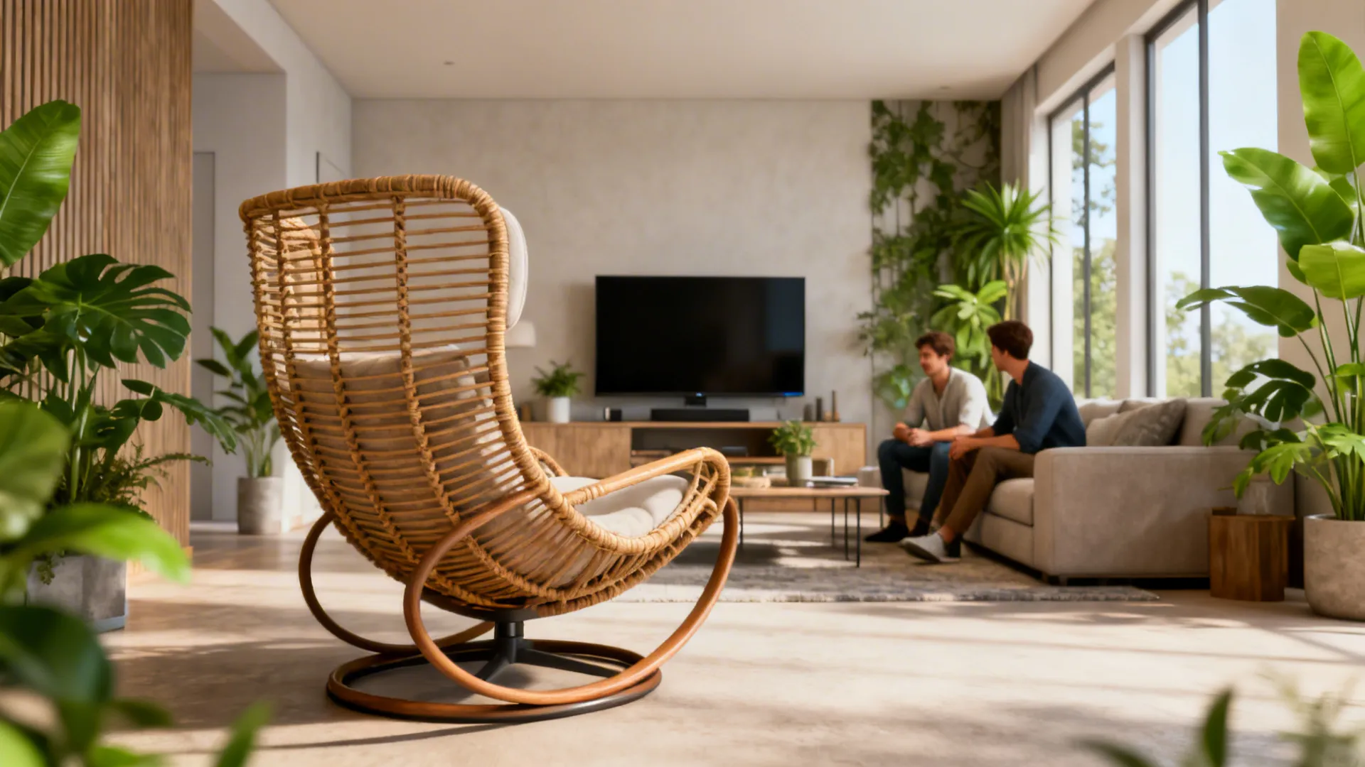 Rattan swivel chair turned between TV and seating area in a small living room.