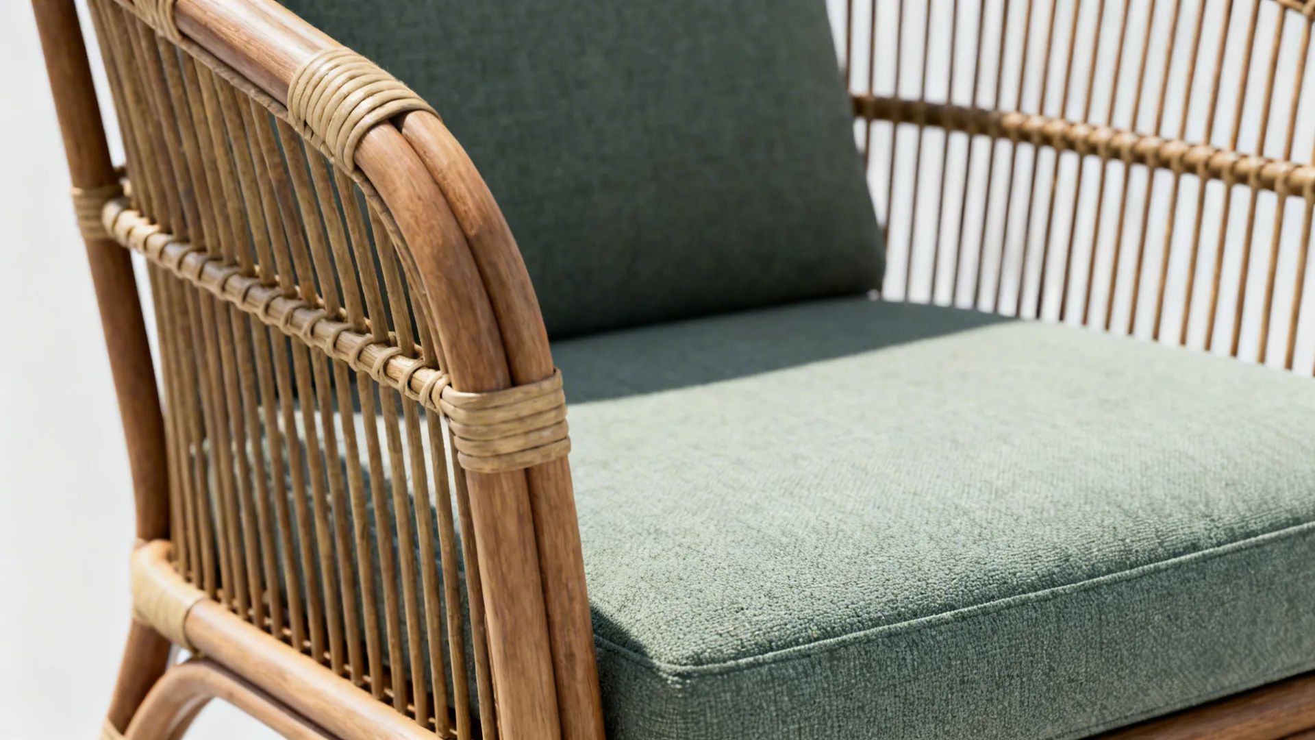 Detail of a rattan chair with upholstered seat and back showing texture contrast.