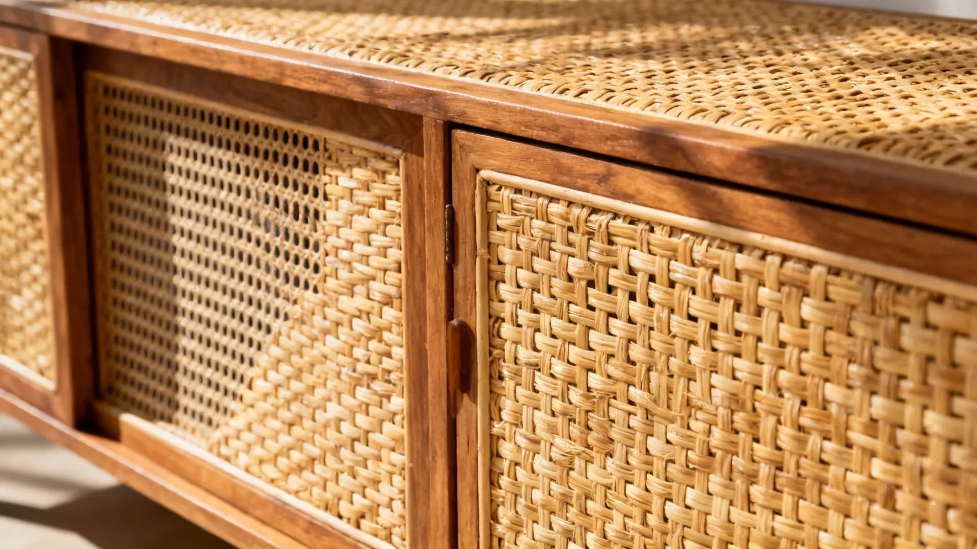Close up of a wooden cabinet with woven rattan doors and a matching woven top