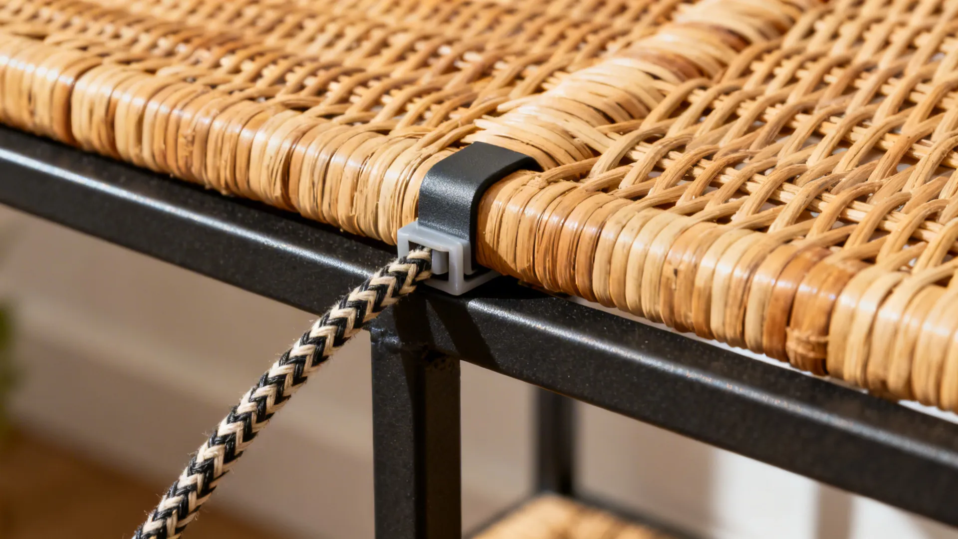 Macro of rattan weave and powder-coated iron frame with cable clips and braided cord.