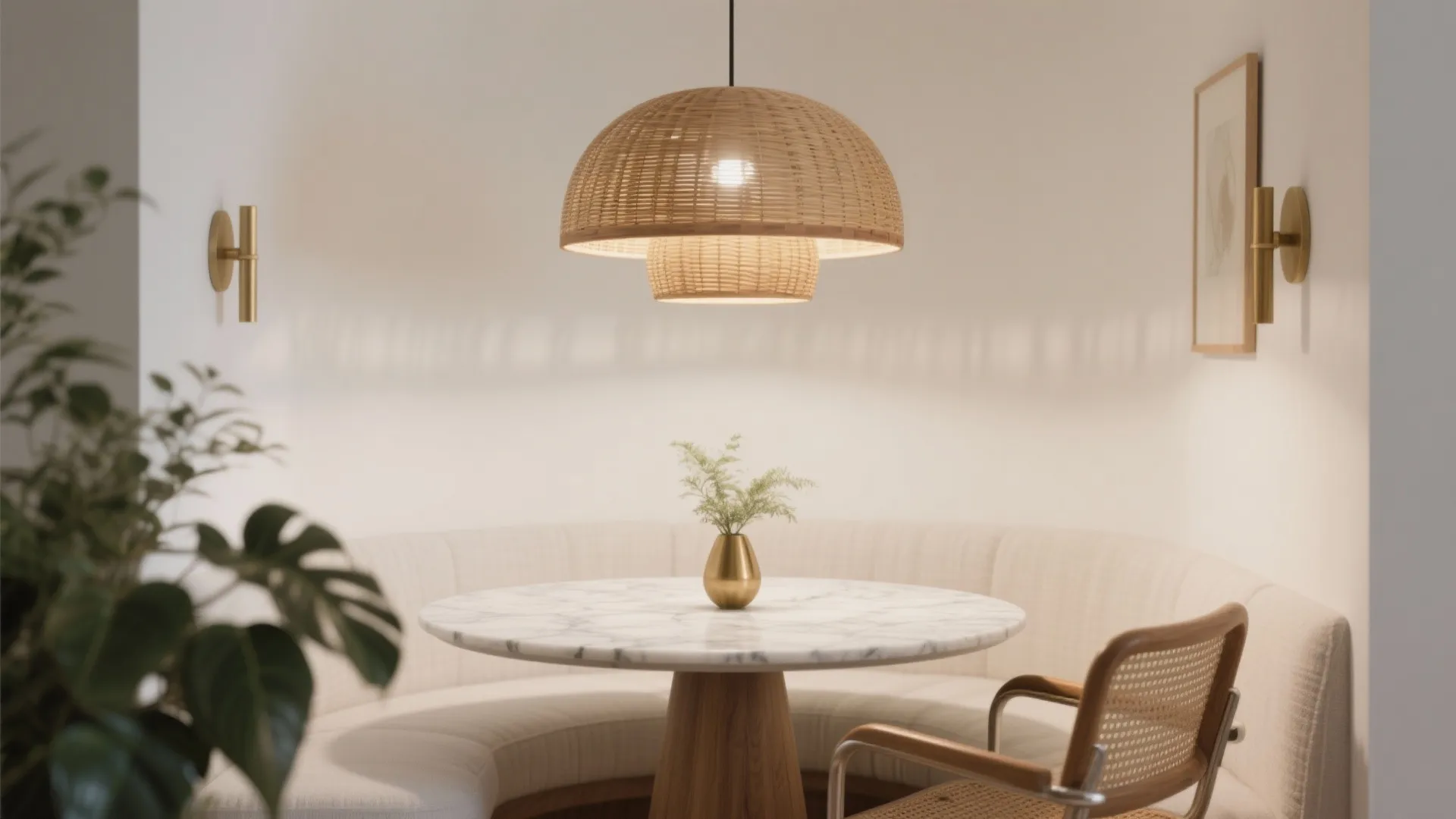 Refined rattan dome pendant over a marble tulip dining table, warm 2700K glow in a white-walled nook
