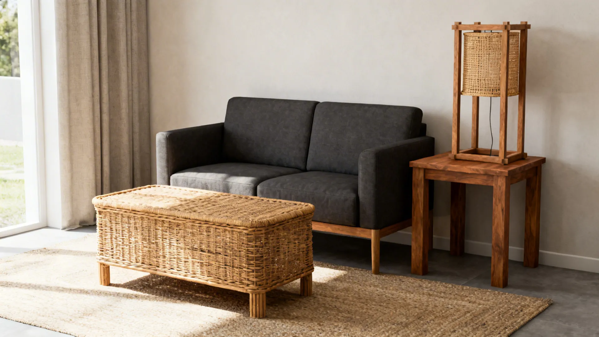 Seating area with dark grey sofa and warm wood and rattan side tables.