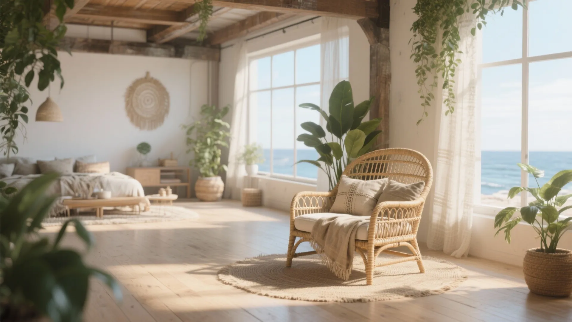 Woven rattan armchair with organic cushions in a sunlit loft