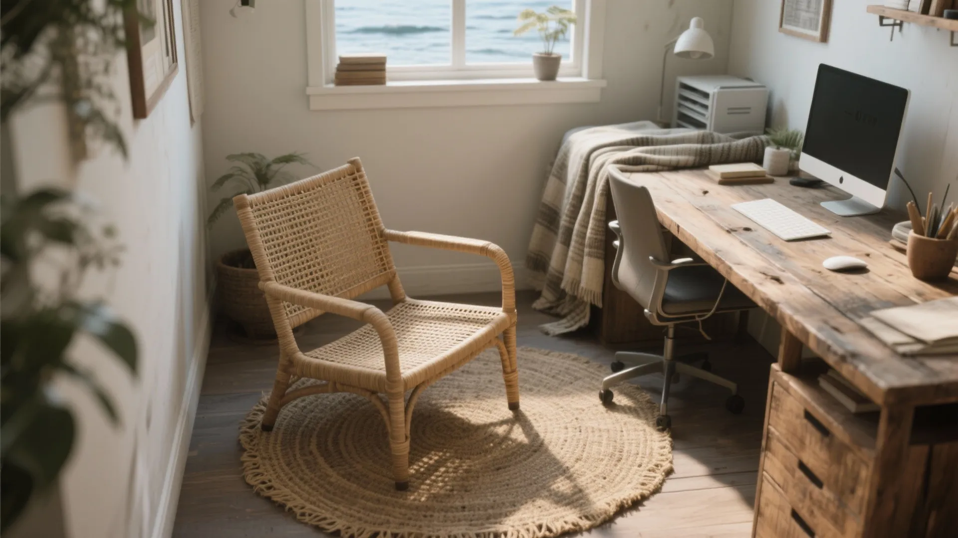 Natural home office with woven chair round rug wooden desk computer and bright window sea view