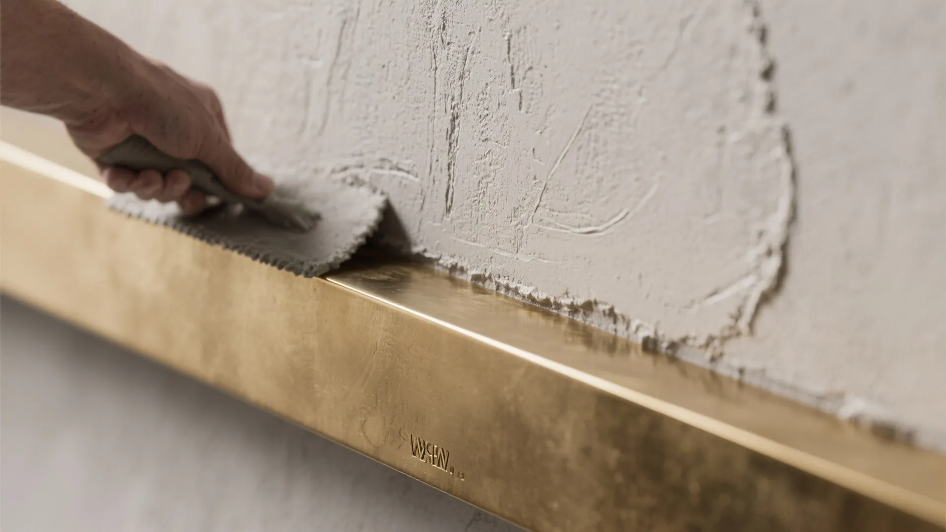 Hand applying wet white plaster to textured wall above a long decorative gold metal strip