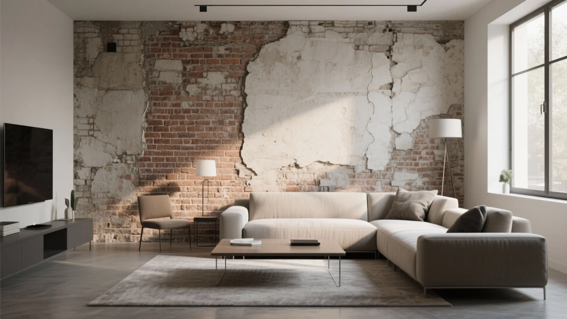 Raw brick wall with modern sleek furniture contrast