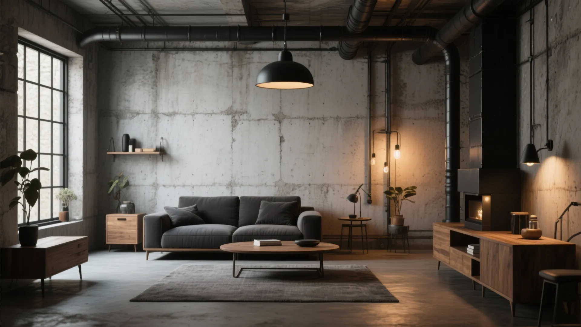 Industrial living room with raw concrete walls black sofa wooden cabinet black pipes and window