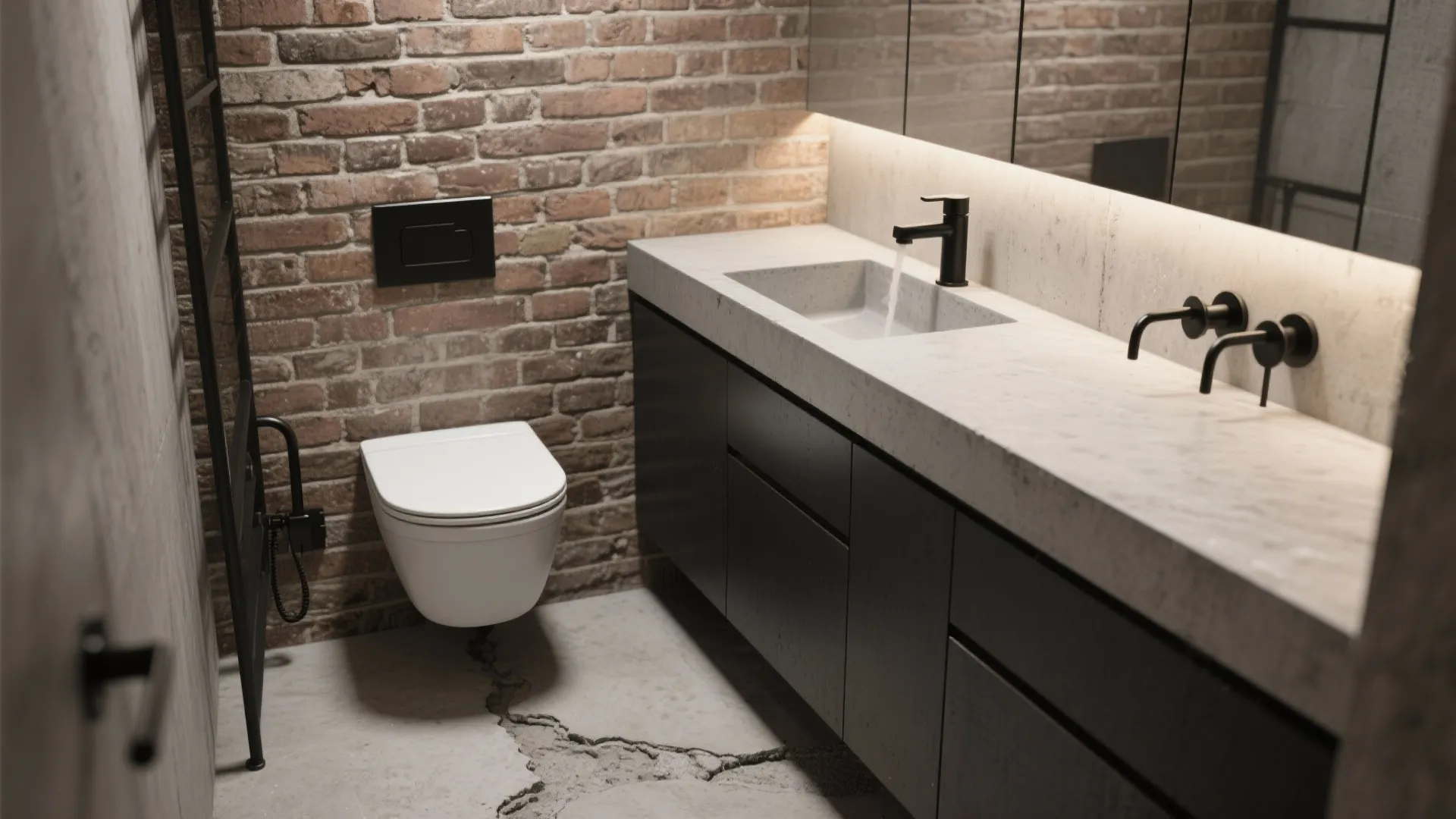 Modern bathroom featuring brick wall, long concrete sink, black faucet, white toilet, and large mirror