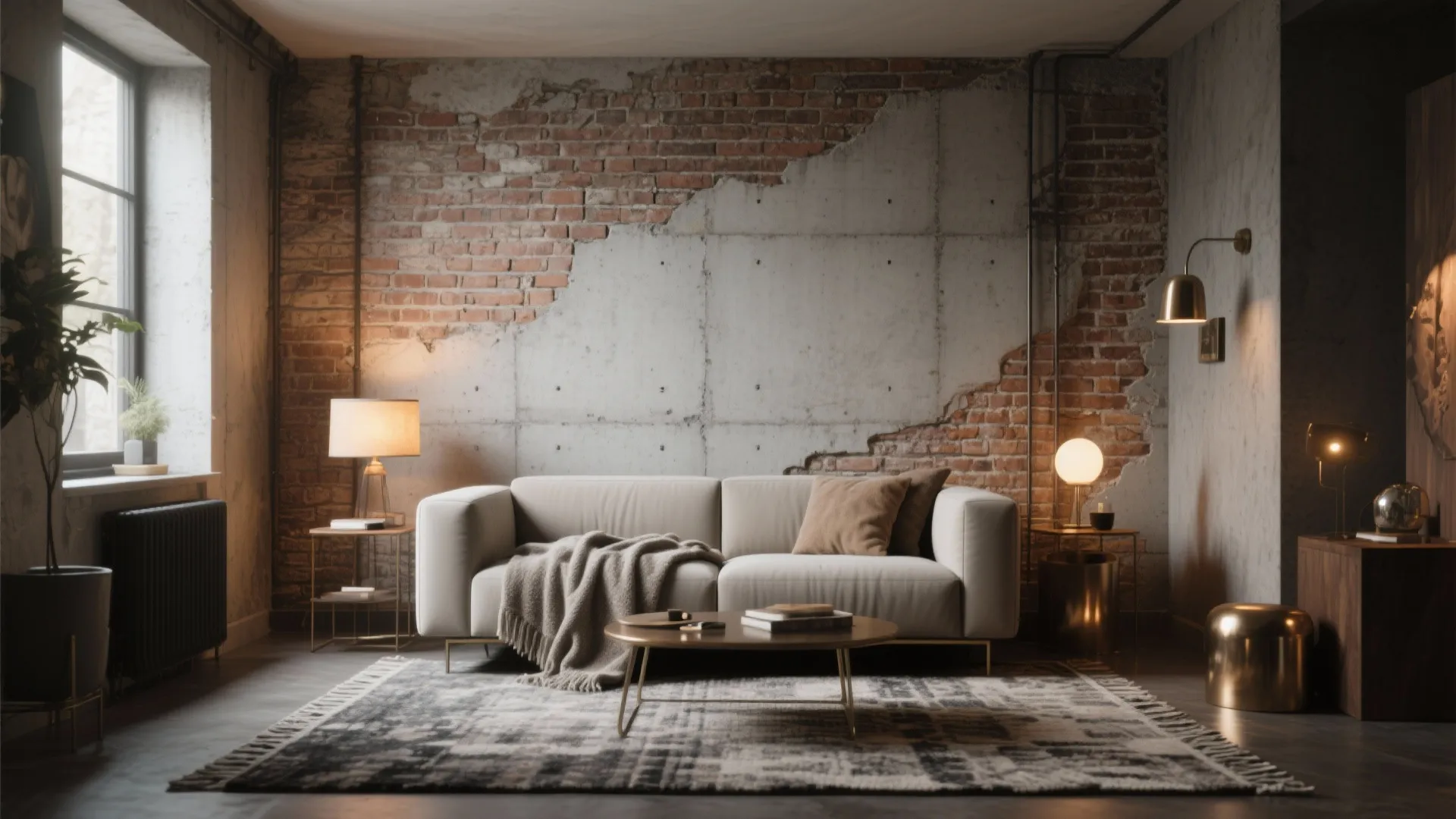 Industrial living room featuring white sofa coffee table patterned rug and exposed red brick wall design