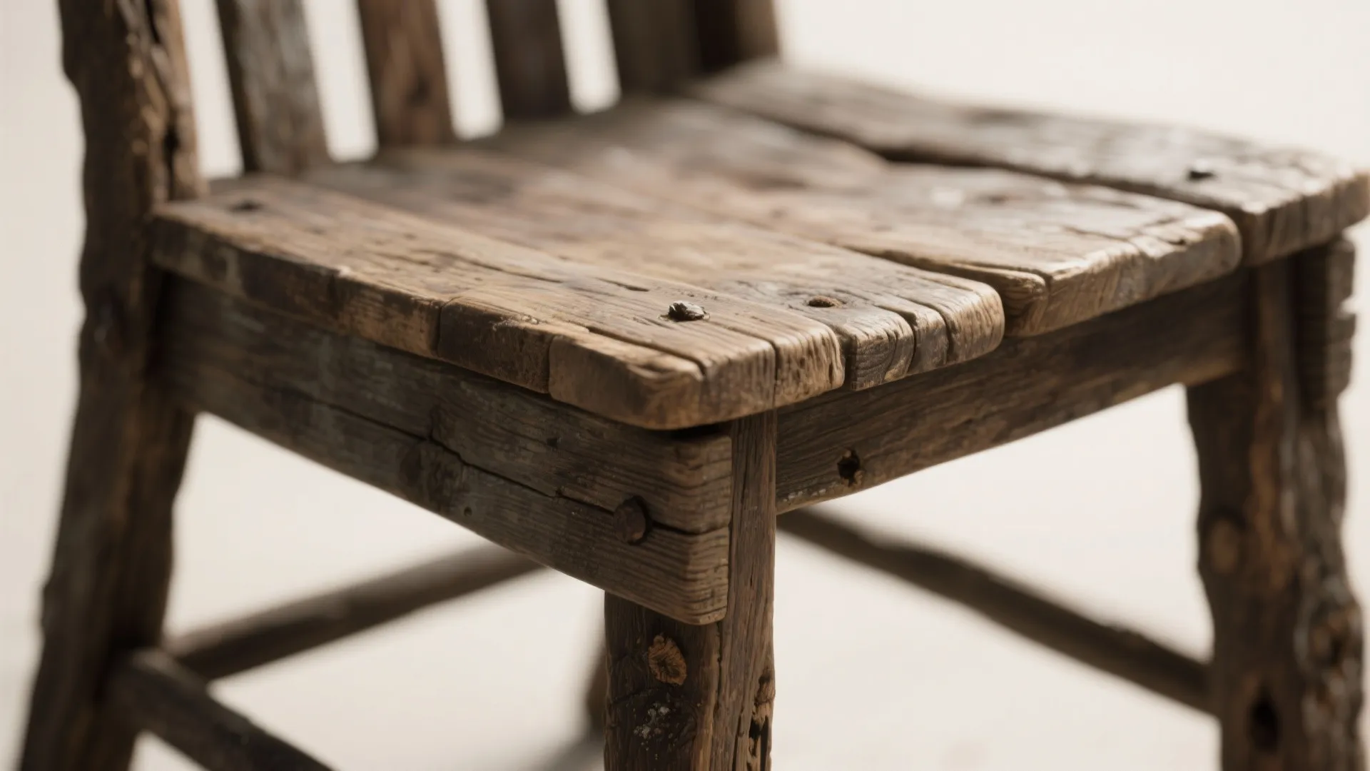 Detailed view of a rustic wooden chair seat with natural wood grain and small metal nails
