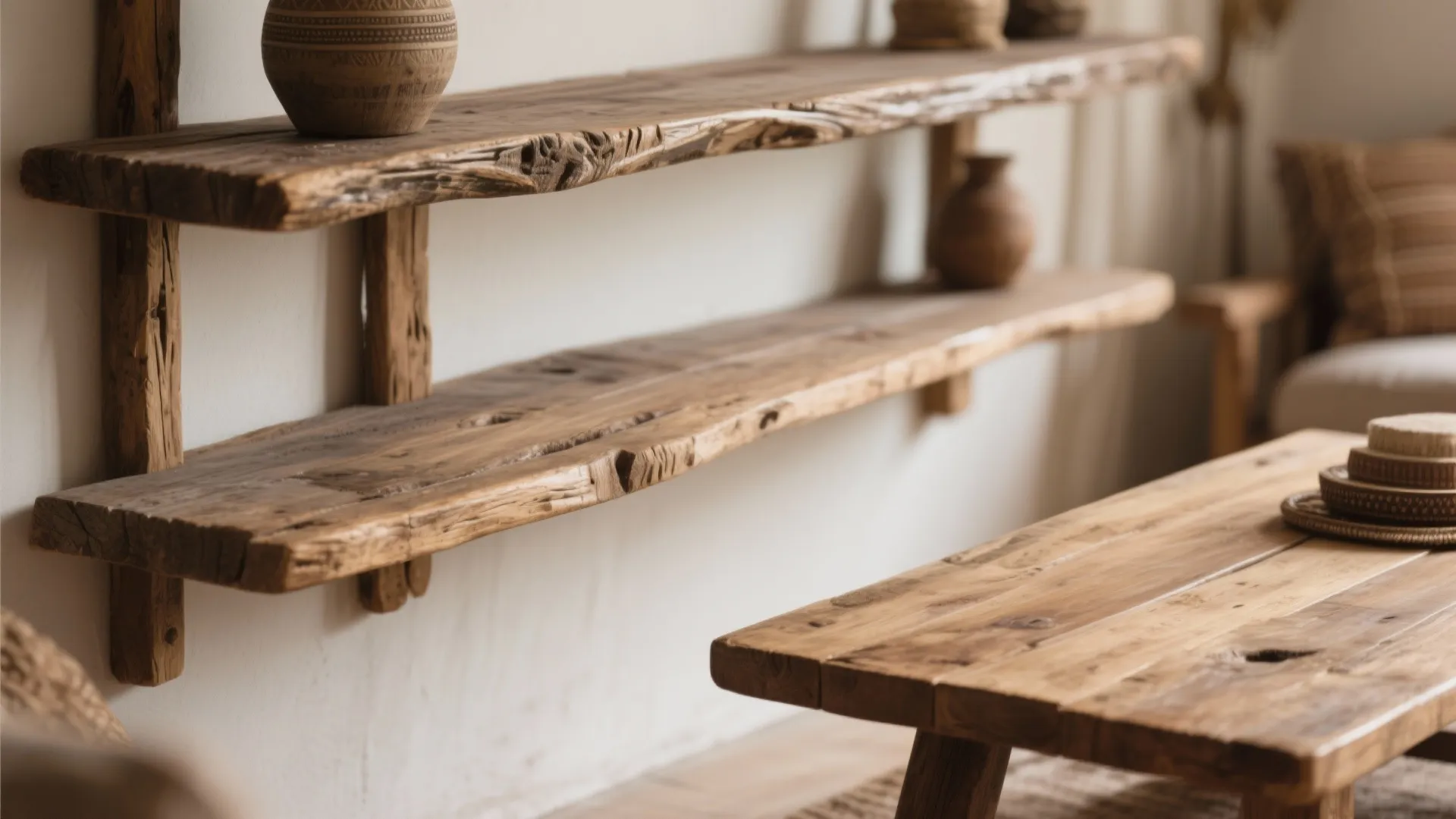 Rustic wooden floating shelves on white wall with wood coffee table and decorative clay jars