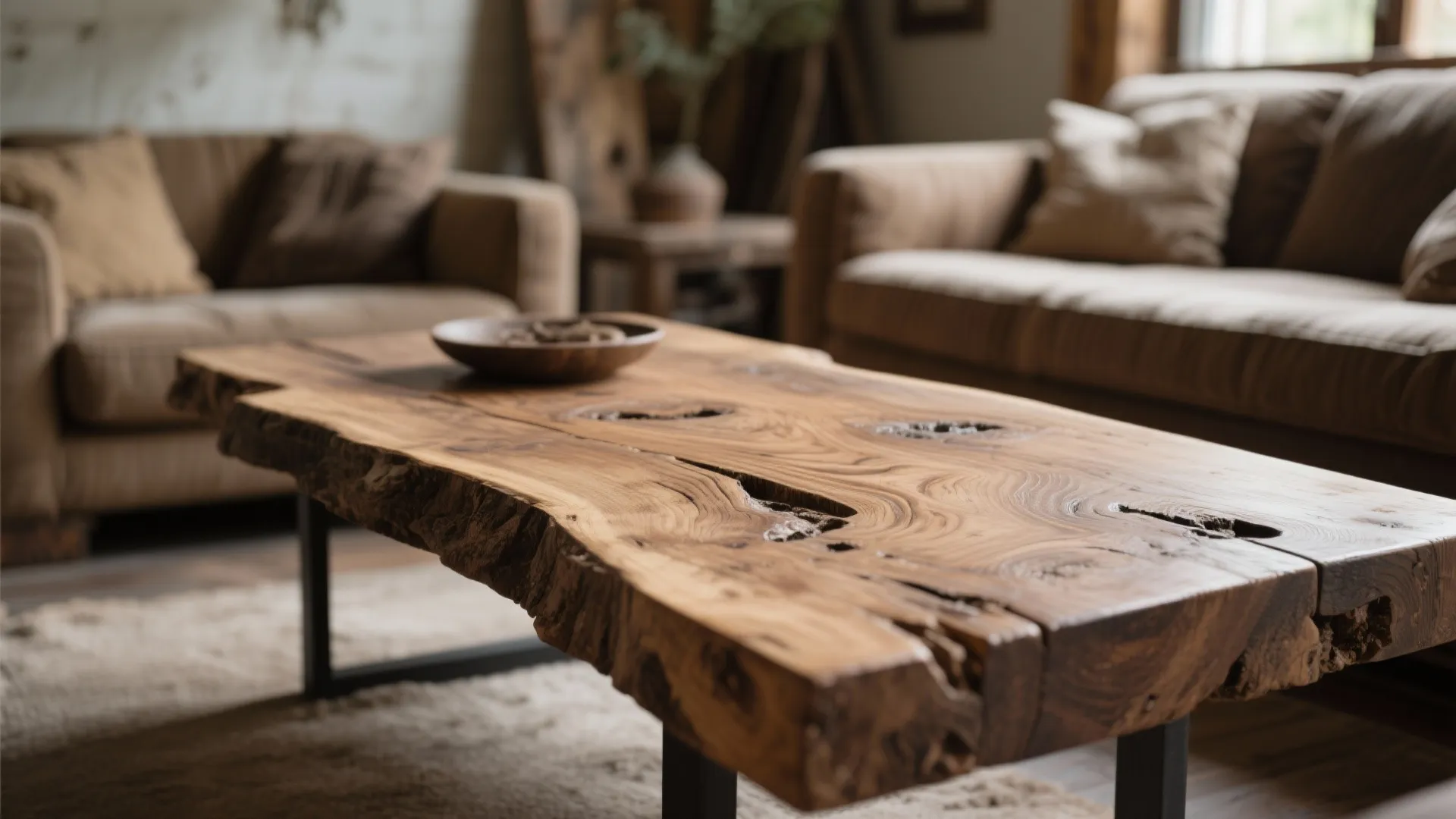 Close-up of rustic wood coffee table with natural edges between two soft brown fabric sofas