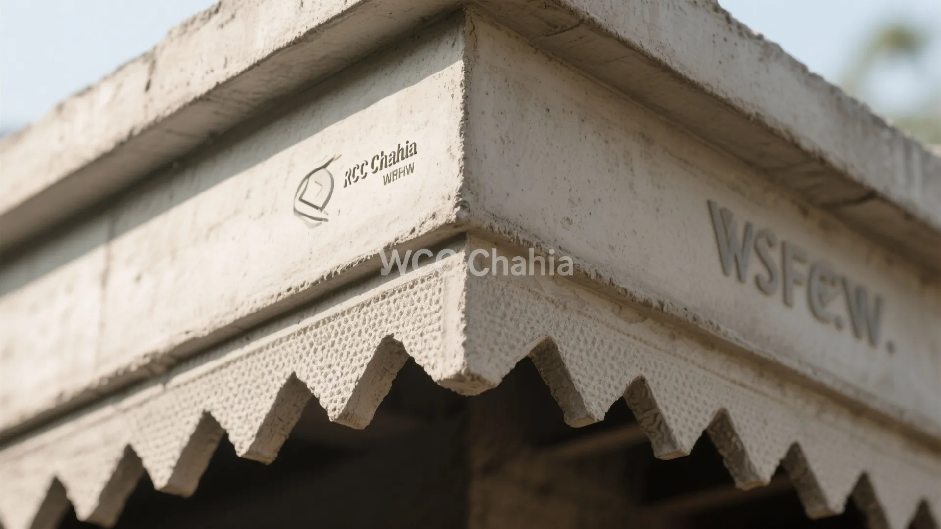 Close up view of a concrete window overhang with decorative edges and grey company logo