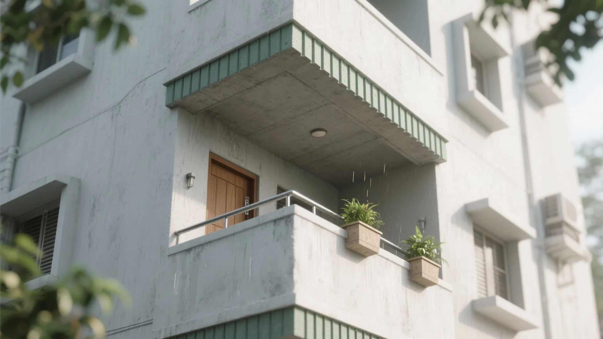 Apartment balcony with concrete roof wooden door metal railing green plants and light falling rain