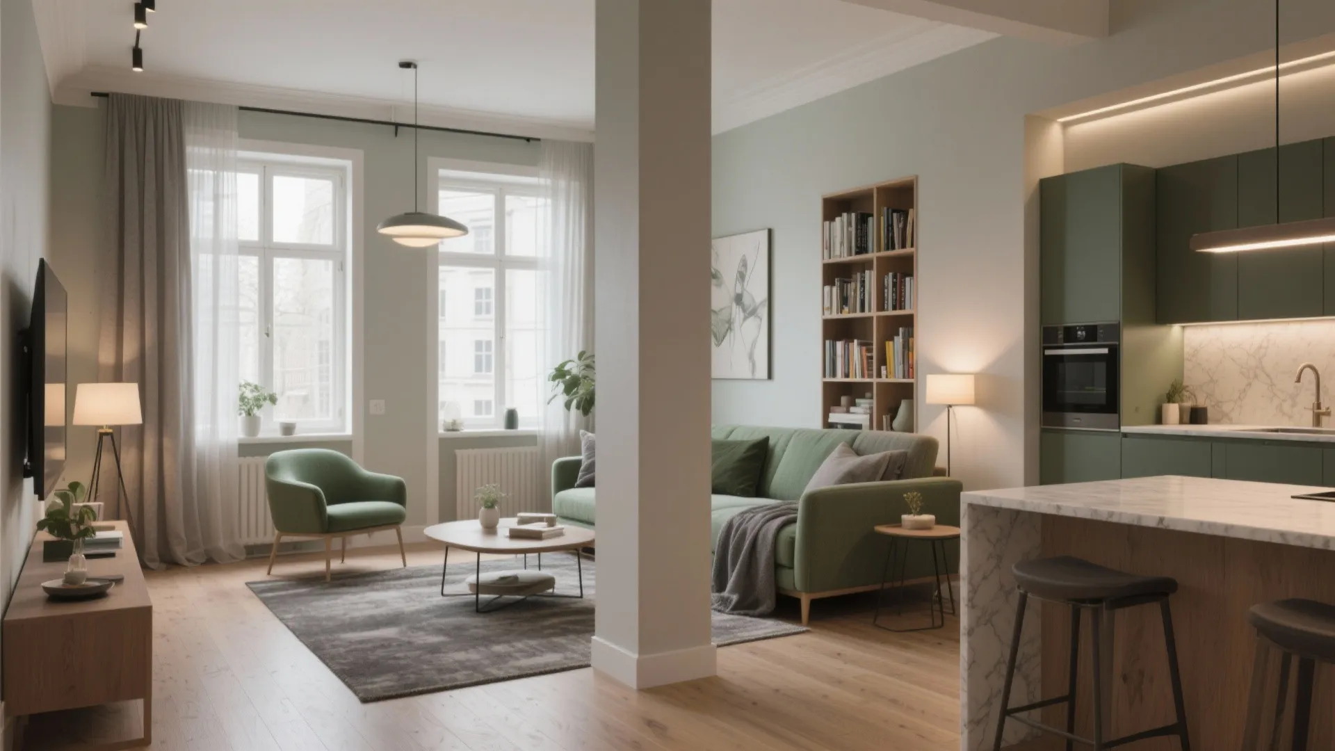 Modern open plan living room with green sofa, wooden floor, ceiling light, and kitchen area