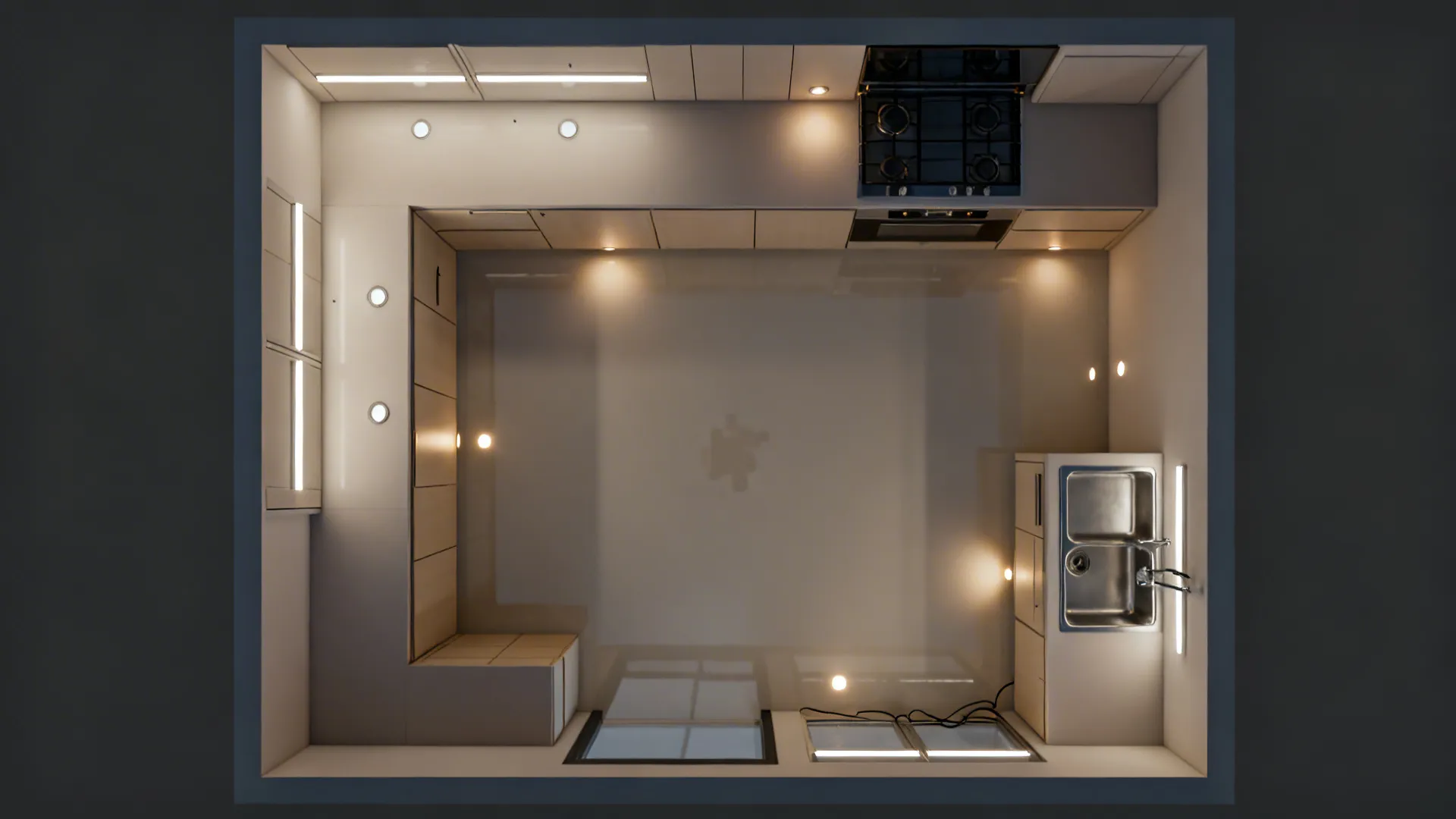 Top view kitchen lighting plan showing round ceiling lights above the stove sink and cabinets
