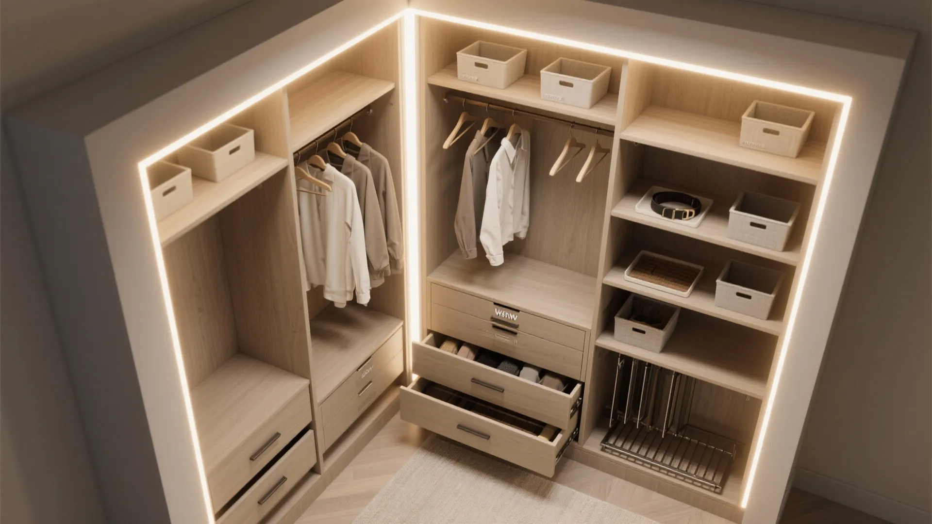 Top-down view of reach-in wardrobe with double-hang, drawers, and adjustable shelves.