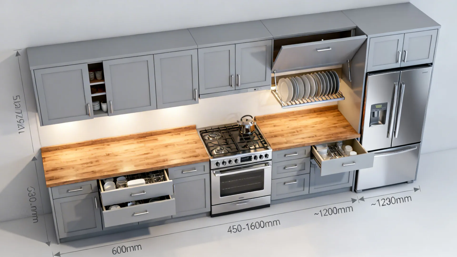 Top-down scene showing drawers for heavy items and upper cabinets within easy reach in a compact kitchen.