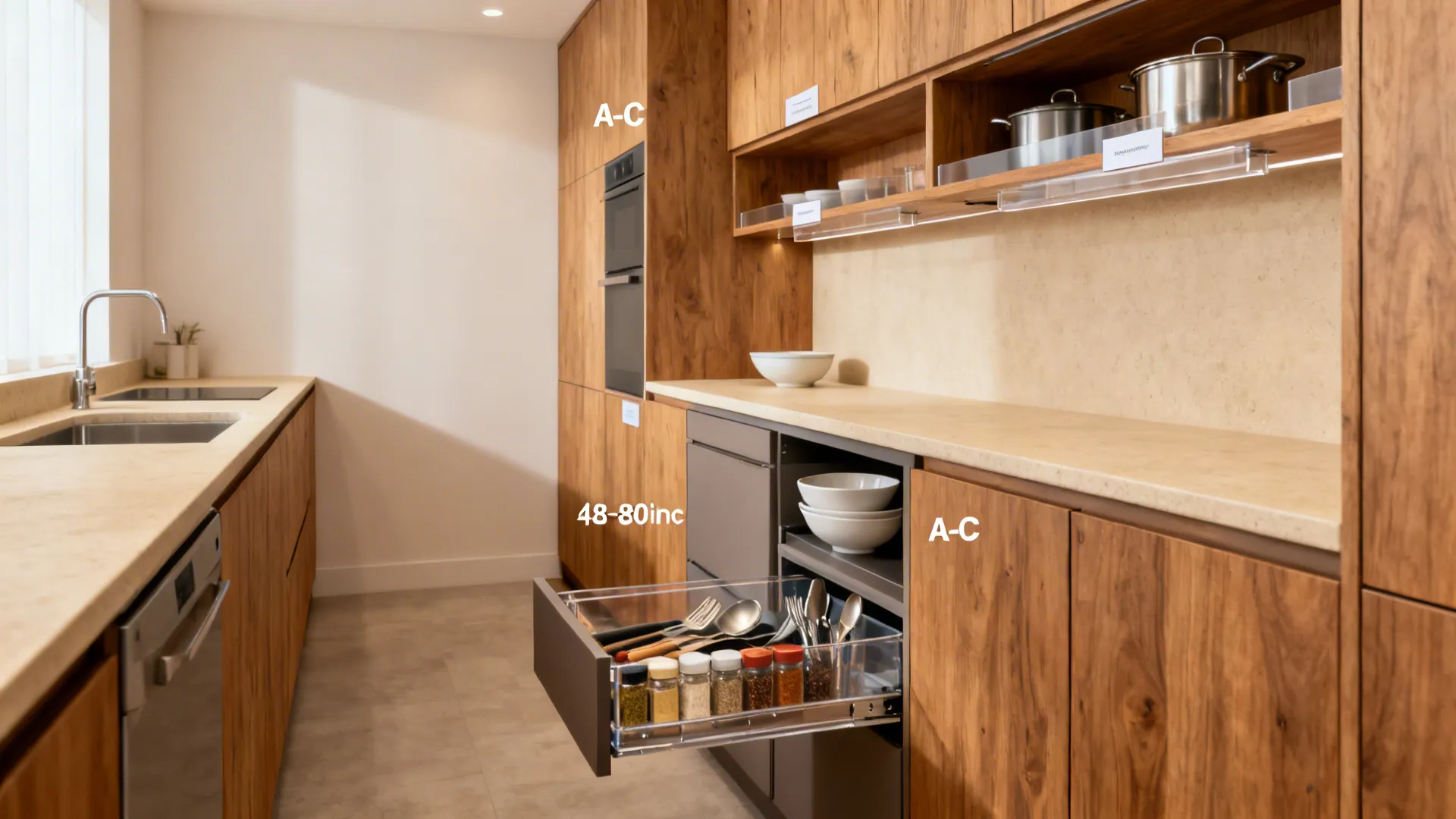 Galley kitchen with mid-height shallow drawers and pull-outs keeping daily items between 18 and 48 inches.