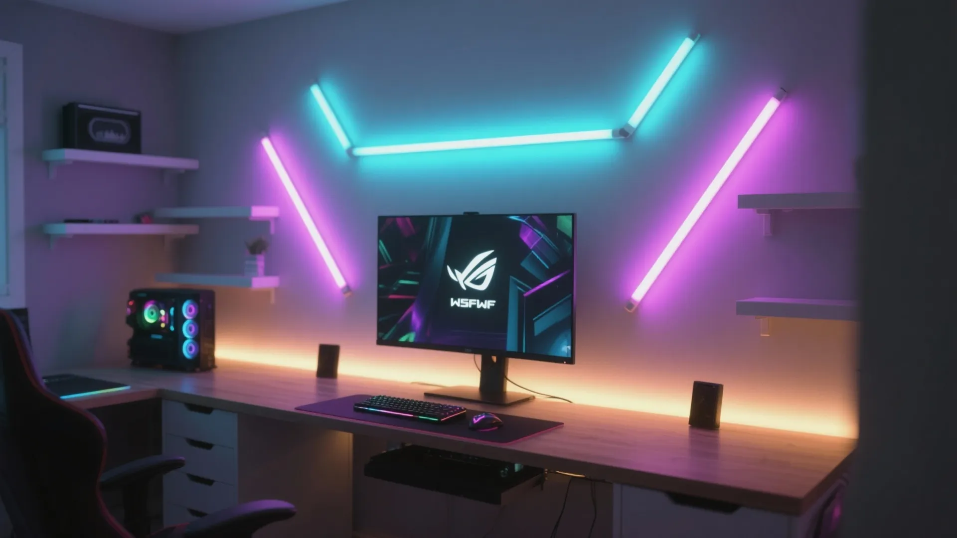 Modern gaming setup featuring neon wall lights and computer screen on long wooden work desk