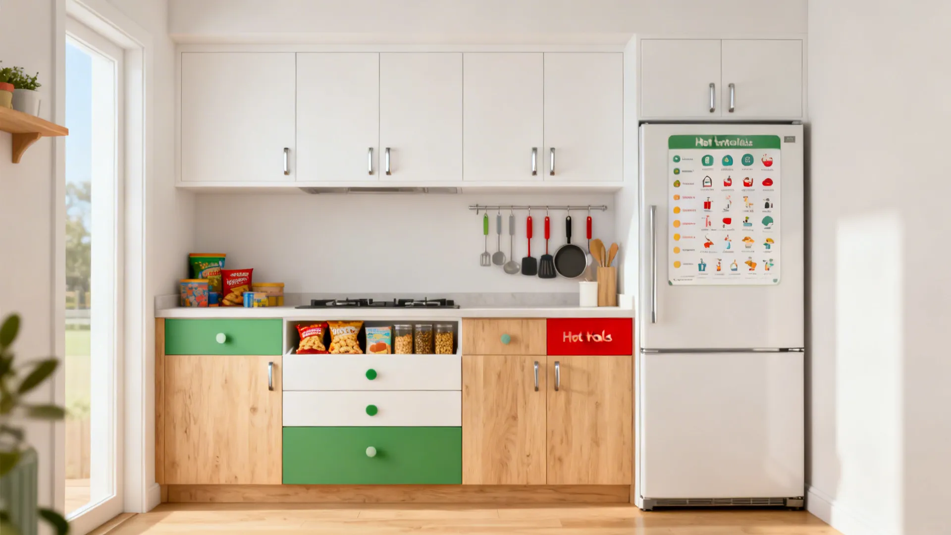 Two-tone small kitchen storage with white uppers, wood lowers, and simple color-coded labels for kids.