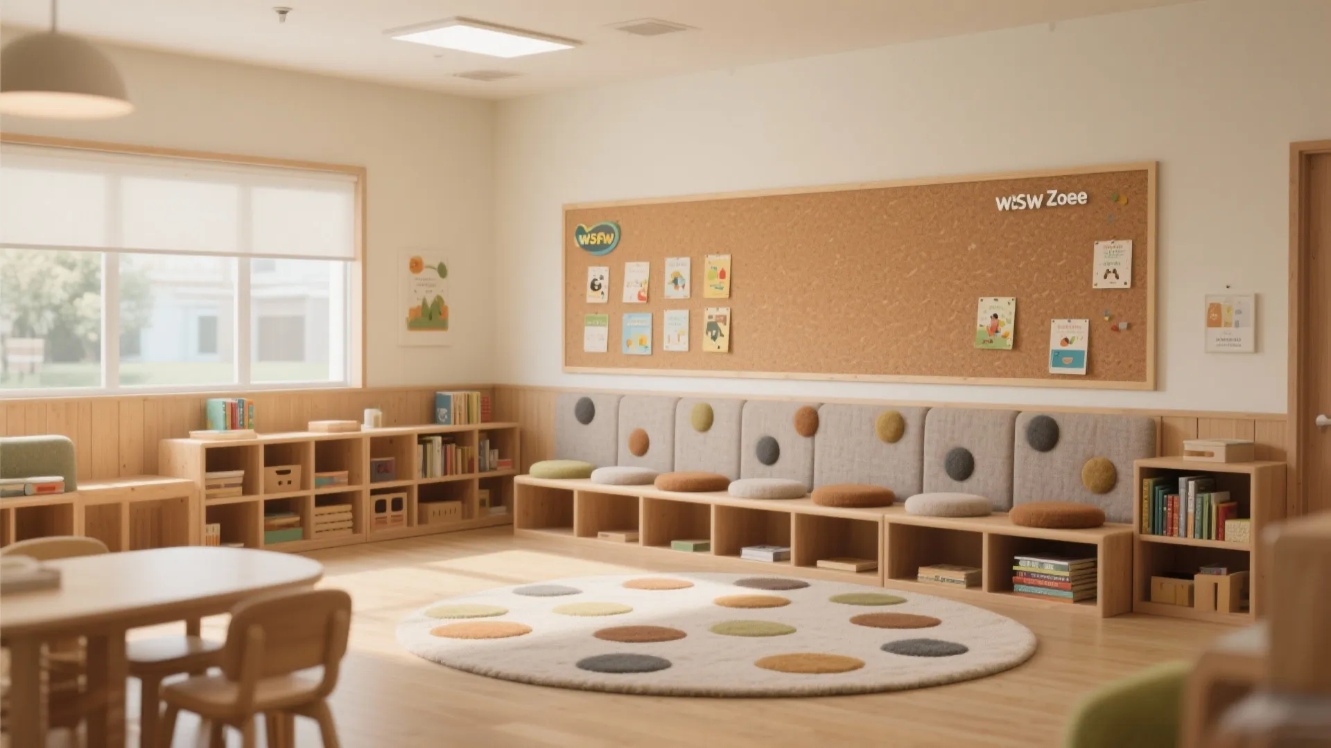 Cozy reading zone with wooden storage bench gray wall cushions round rug and large cork board
