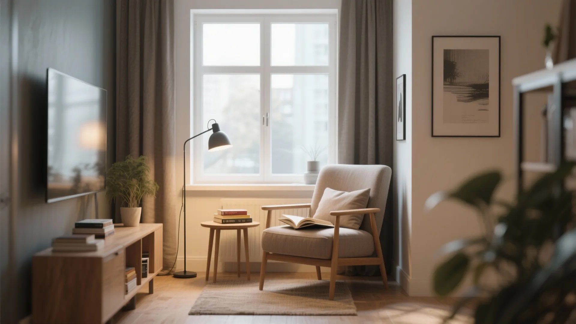 Cozy reading corner with grey armchair small wooden table black floor lamp and large window