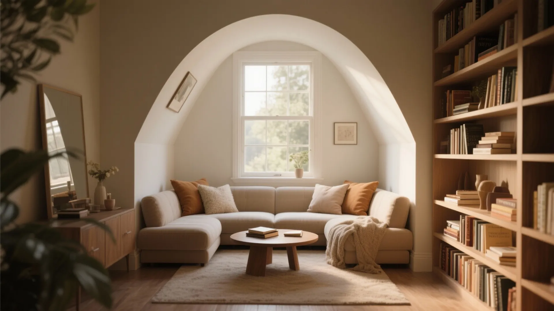 Cozy sectional nook in a bay window reading corner