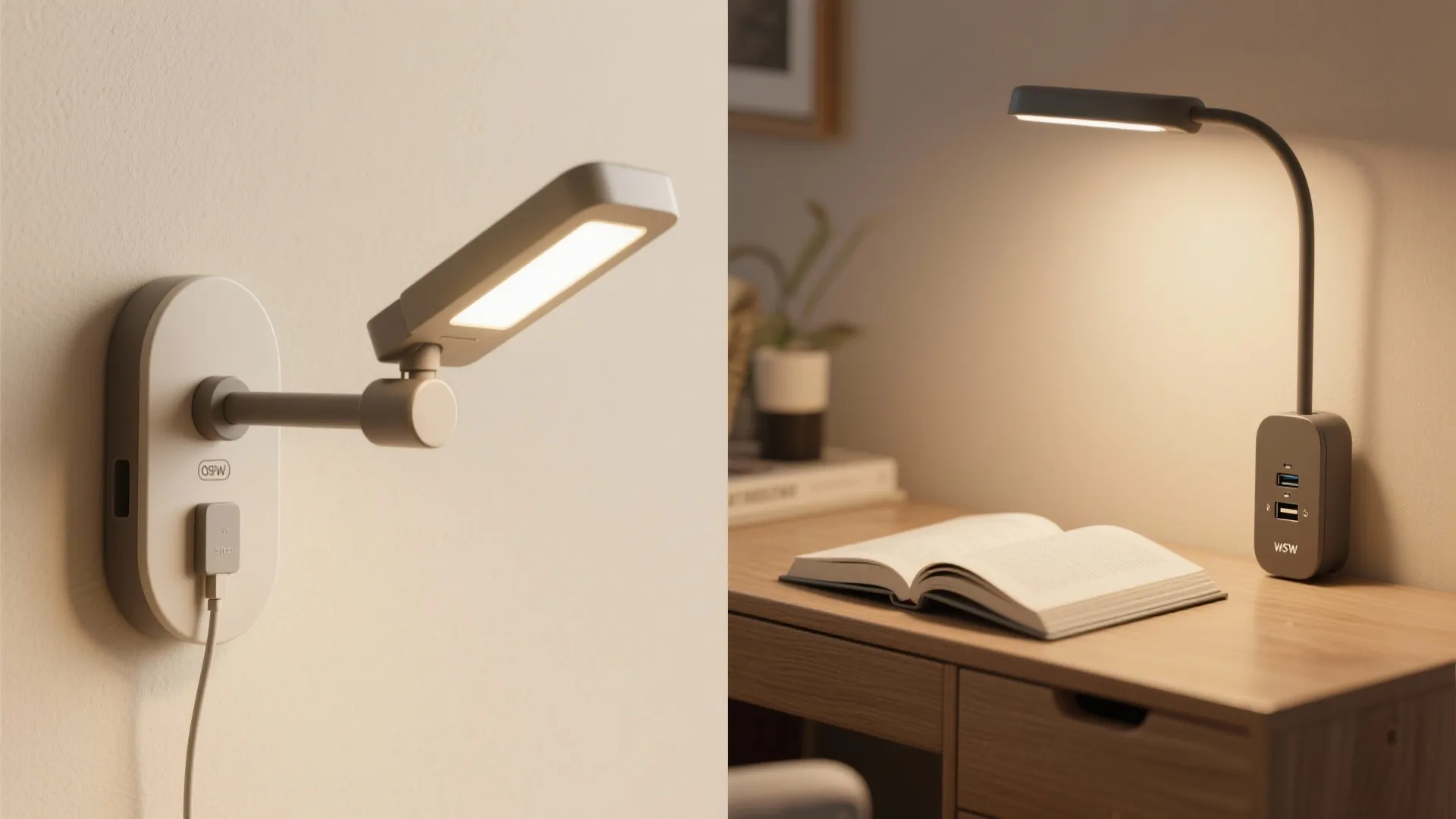 Comparison of wall mounted reading light and desk light both featuring integrated USB charging power ports