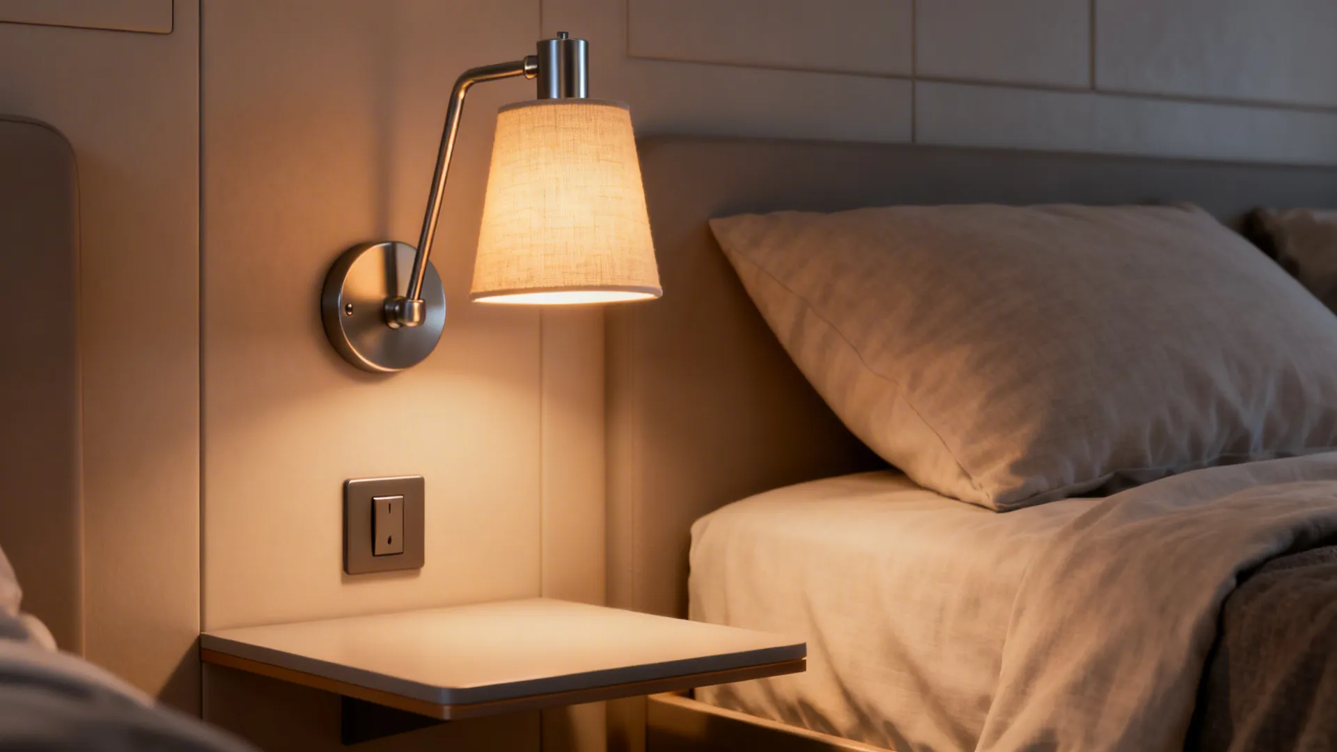 Warm wall light glowing over a soft bed pillow and small white bedside wall shelf