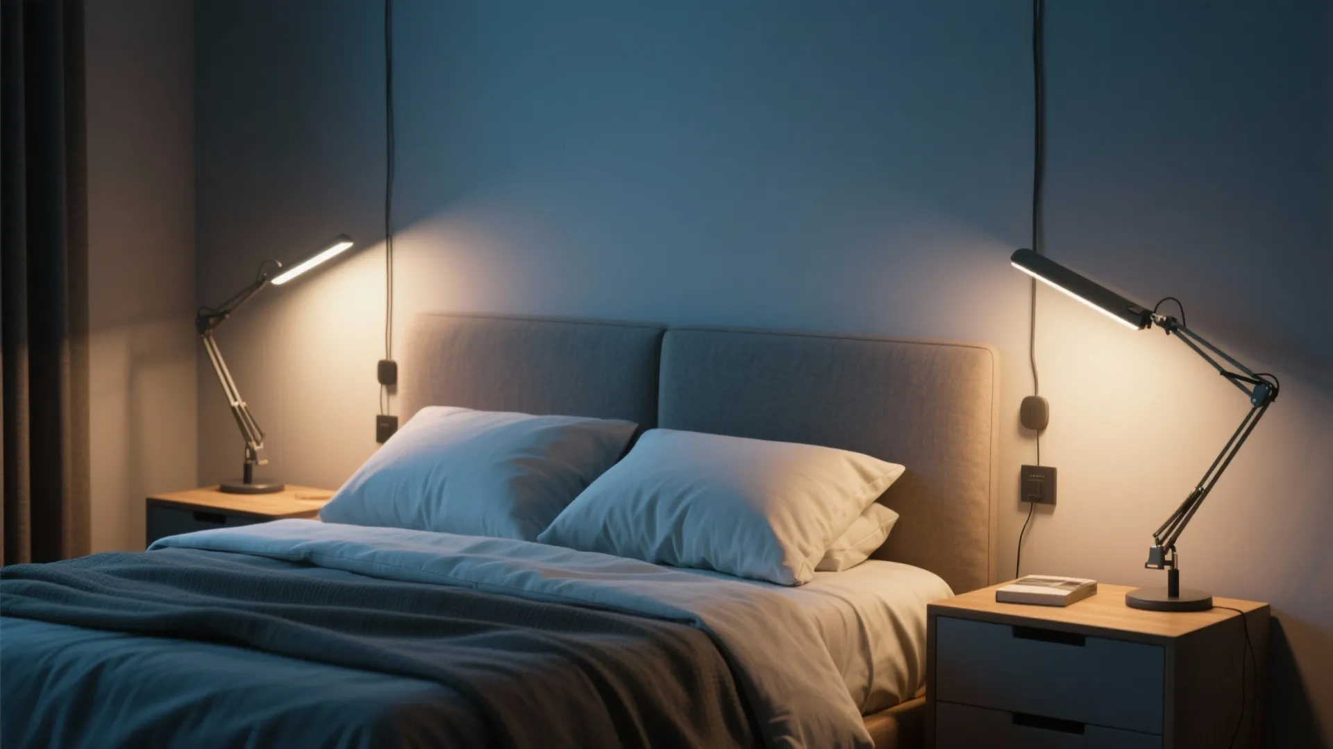 Bedroom with fold-flat adjustable low-voltage reading lights mounted beside the bed providing focused warm light.
