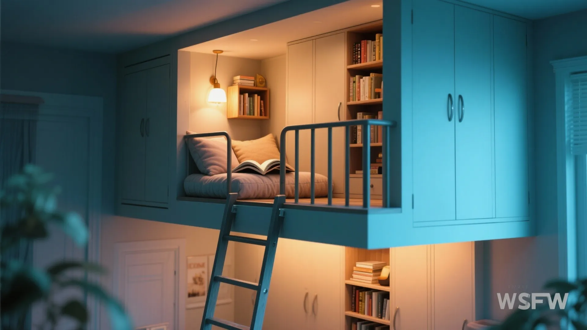 Small indoor reading loft with wooden ladder comfortable floor bed wall light and built-in cabinets