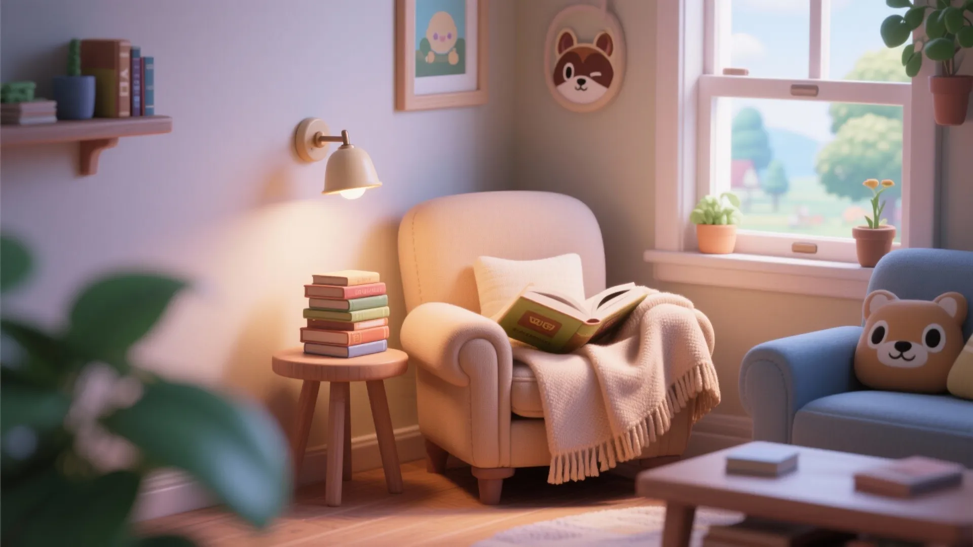 Cozy reading nook with a beige armchair a wall light and books on a table