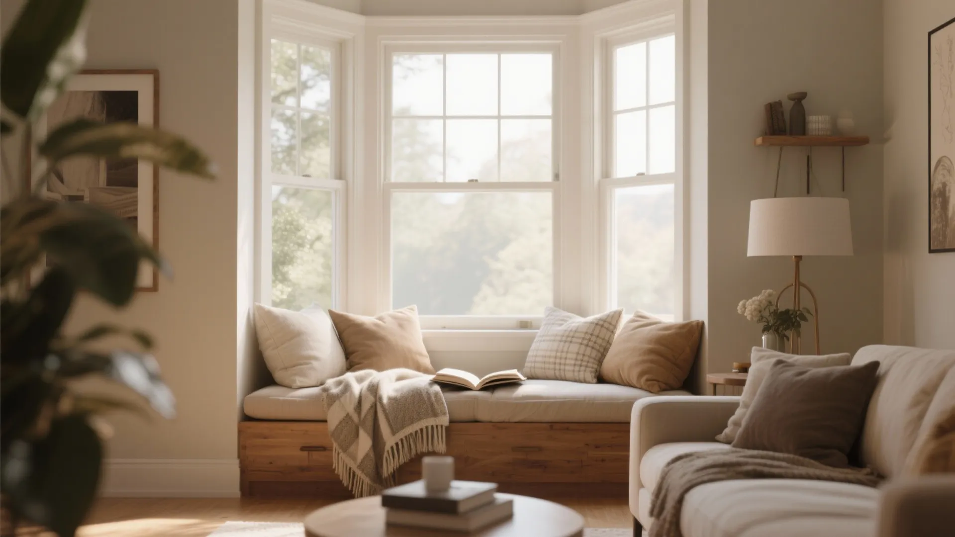 Cozy reading nook with wooden window seat pillows blanket open book and bright natural light