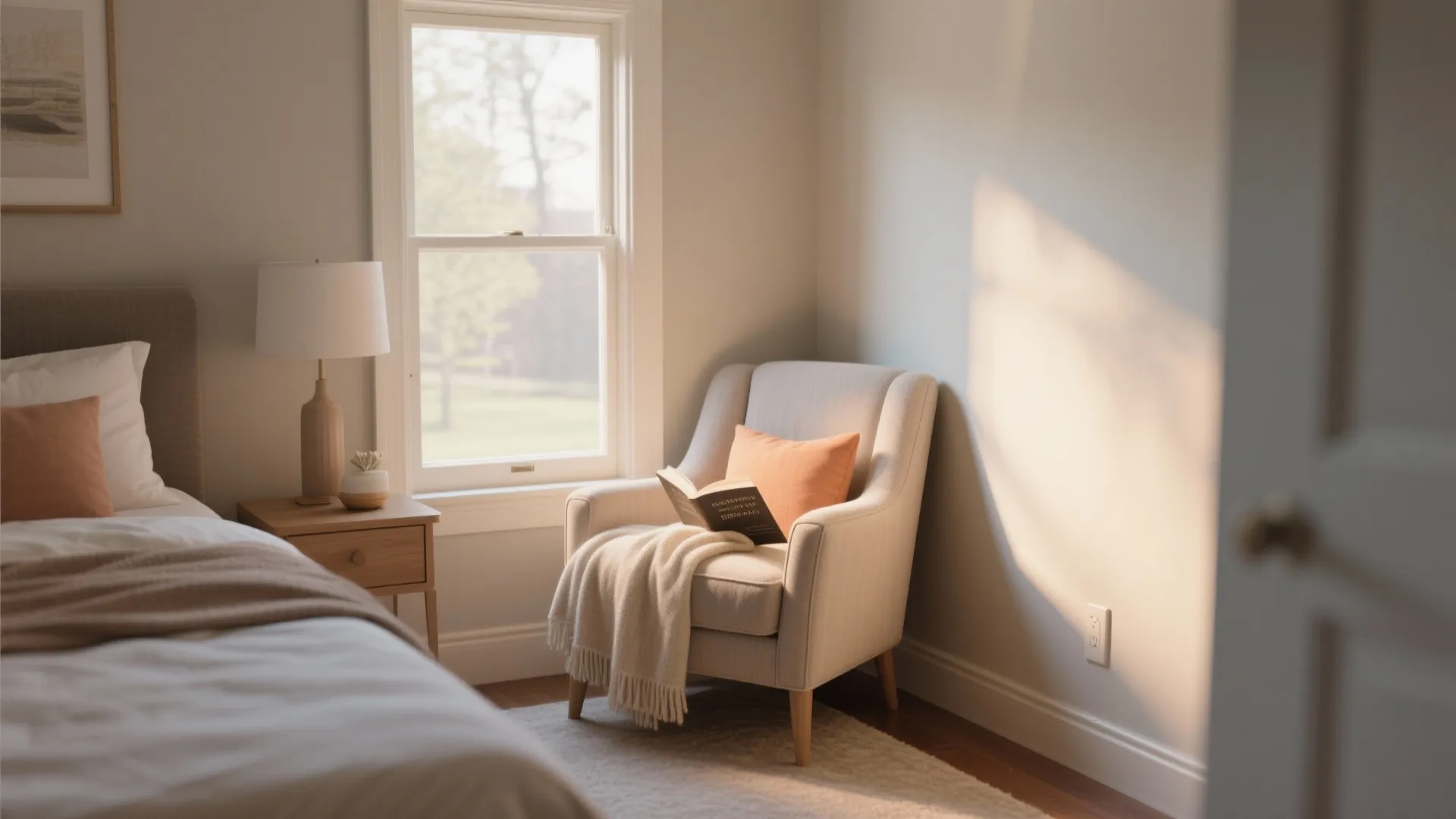 Cozy bedroom reading corner with beige armchair orange pillow white blanket and warm sunlight window