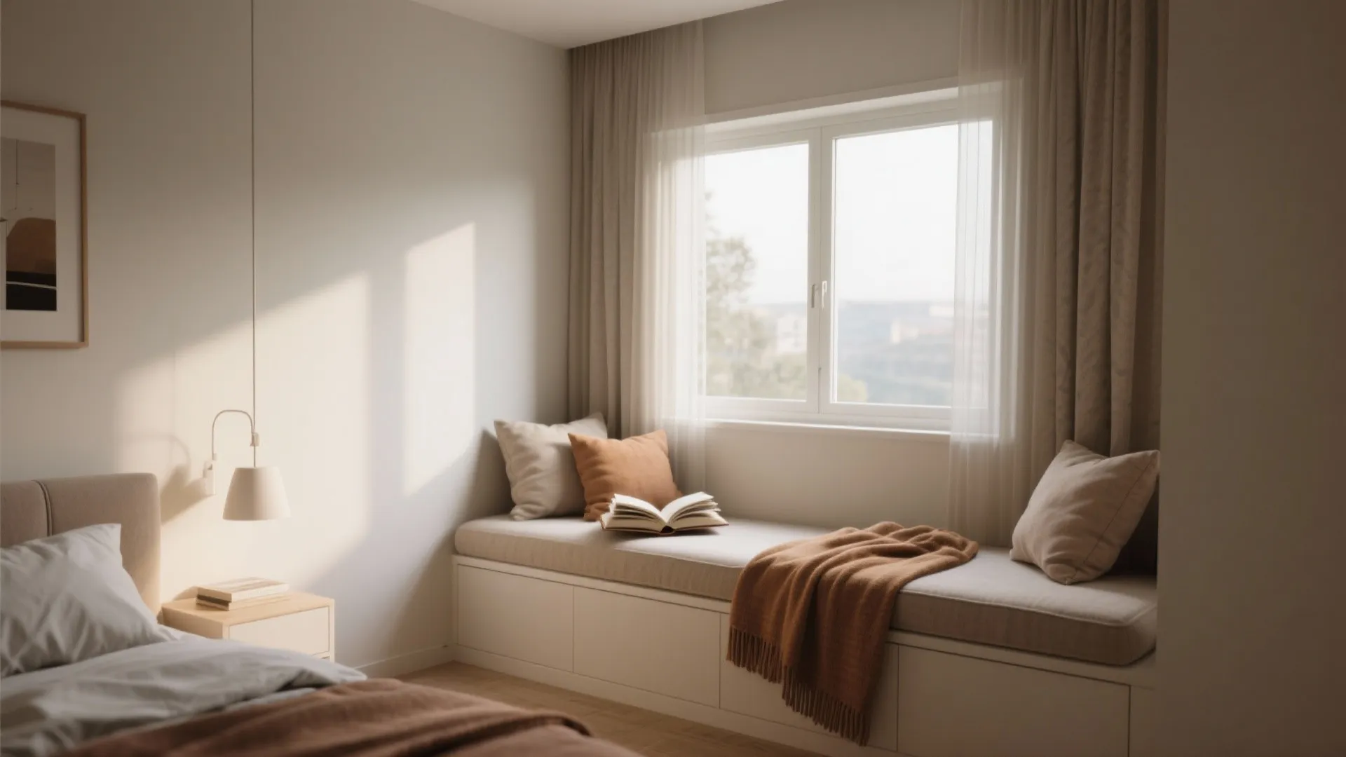 Modern bedroom window seat with beige pillows open book brown blanket and small wall light
