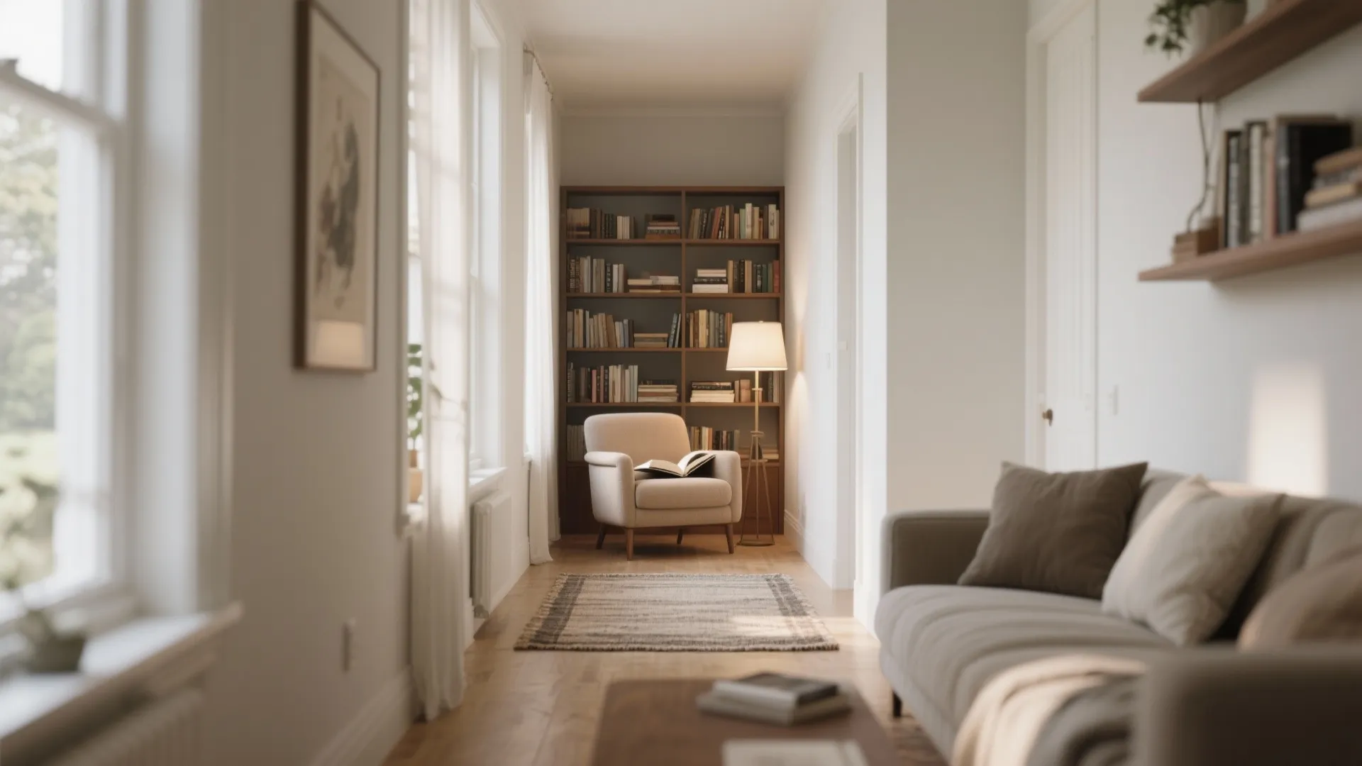 Cozy reading corner featuring a tall bookshelf beige armchair floor lamp and small patterned area rug