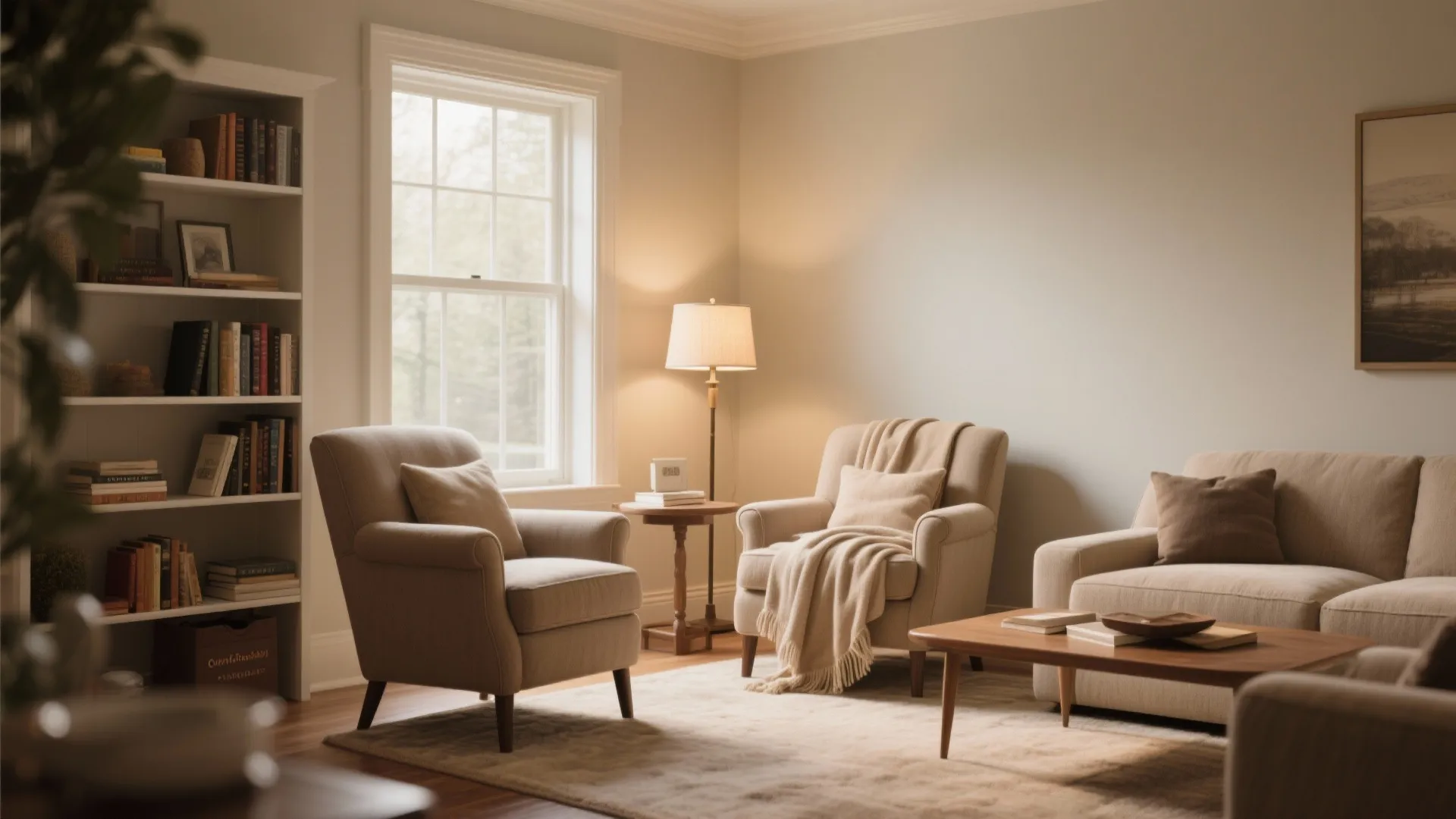 Neutral living room with two beige armchairs white bookshelf large window and warm floor lamp