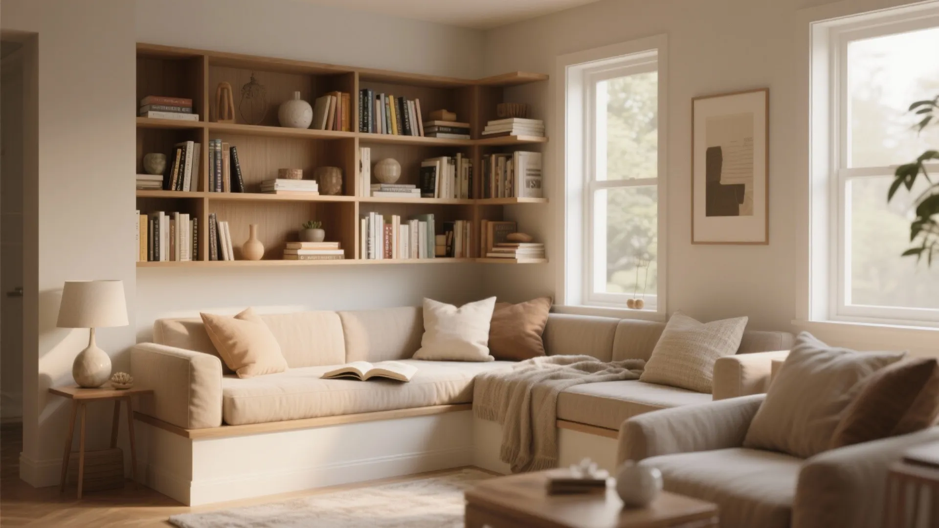 Cozy reading nook featuring beige corner sofa, wooden bookshelves filled with books, bright windows, lamp