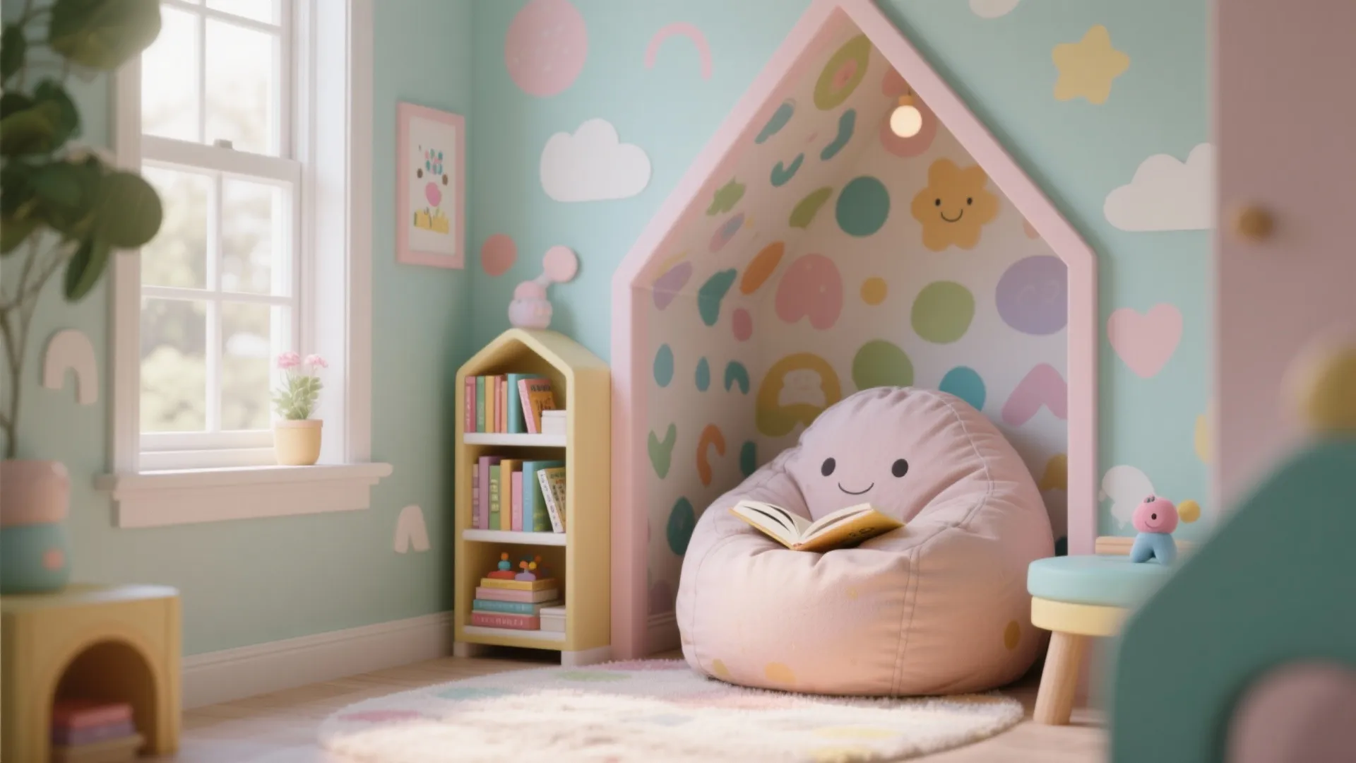 Cozy kids reading nook with pink bean bag chair house shaped wall niche and yellow bookshelf