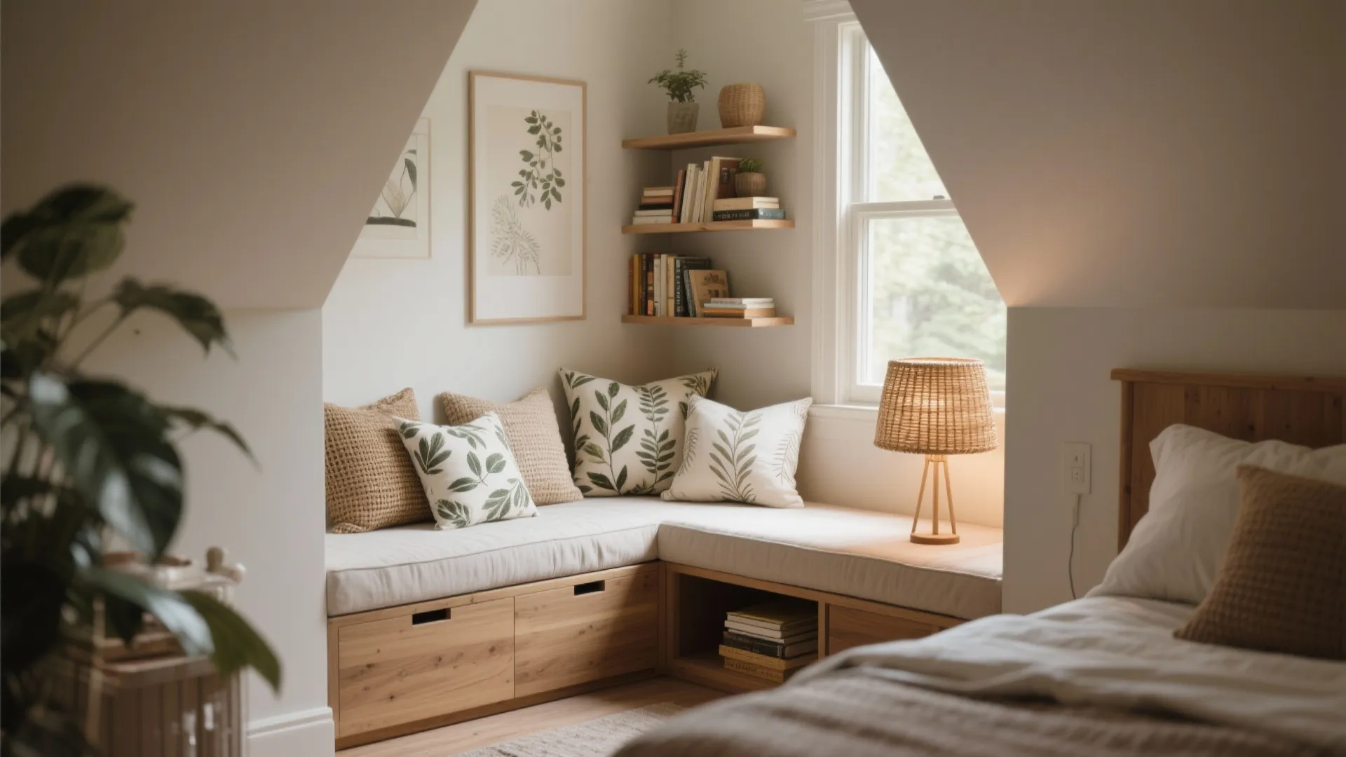 Cozy window-seat reading nook with storage bench, layered cushions, and a small bookshelf in a compact bedroom.