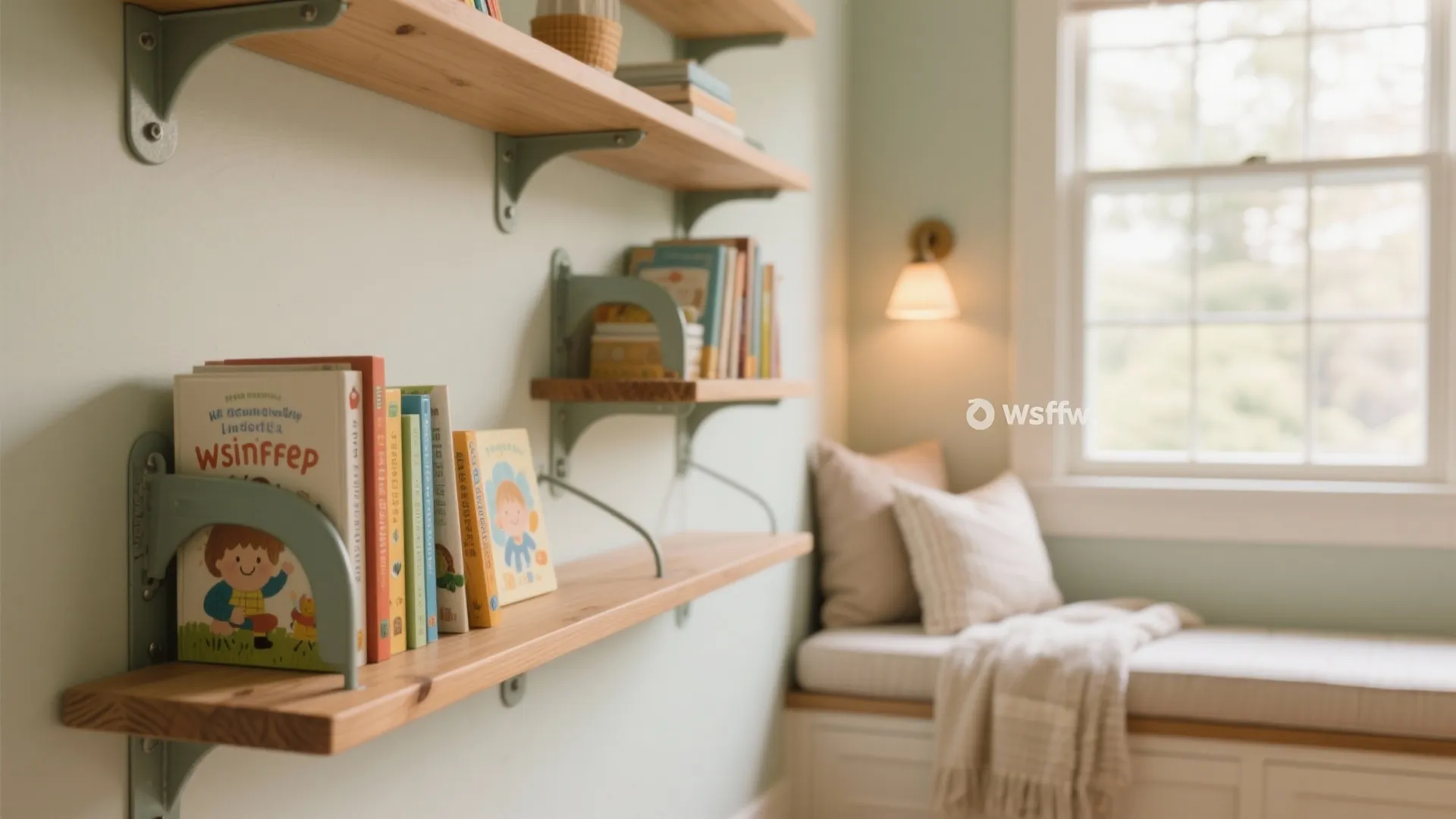 Wall-mounted shelves and a cozy reading nook
