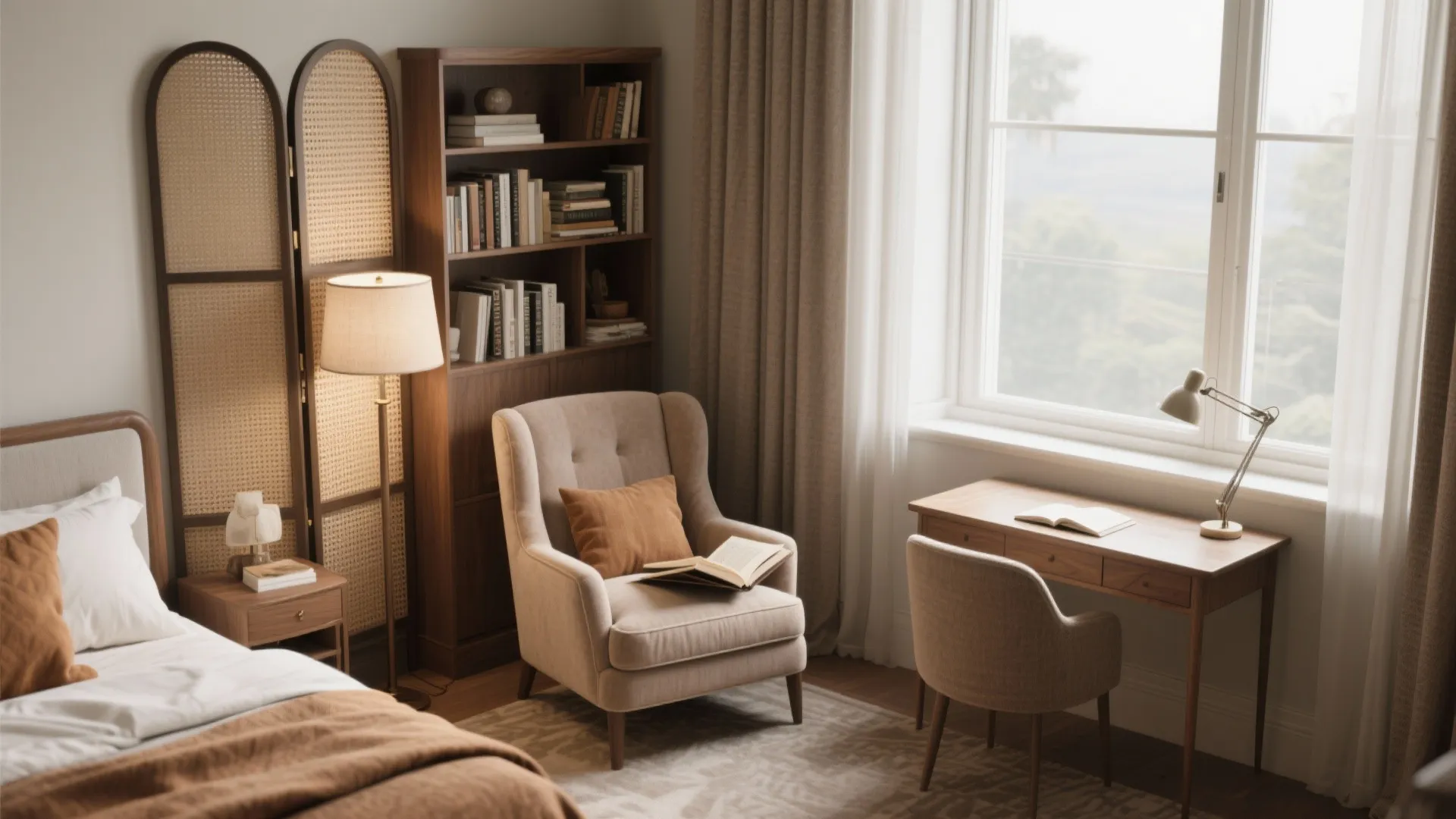 Cozy reading corner with a beige armchair wooden bookshelf small desk and a bright large window