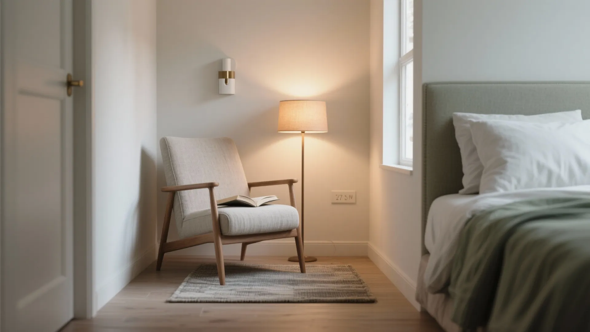 Cozy bedroom corner with grey chair, open book, floor lamp, wall light, rug, and bed