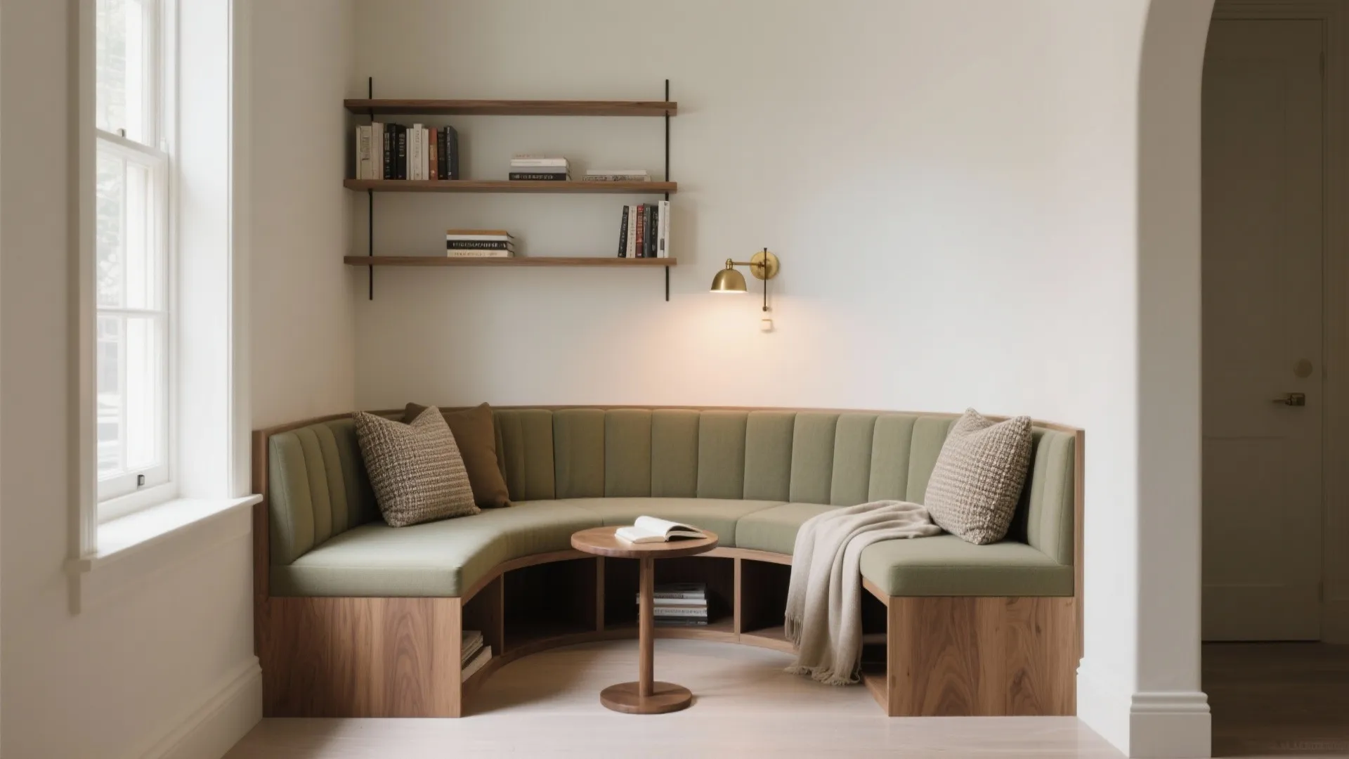 Cozy reading nook with green curved sofa wooden shelves wall light and small round table