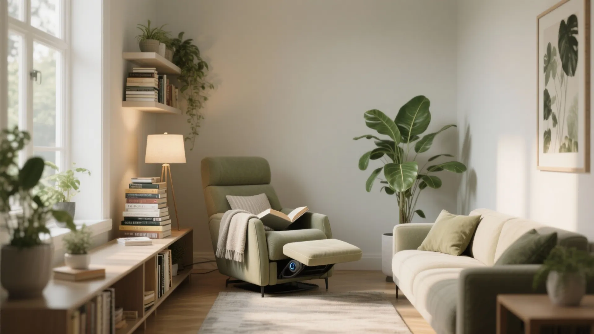 Green armchair with footrest in cozy reading nook with bookshelves plants sofa and natural light