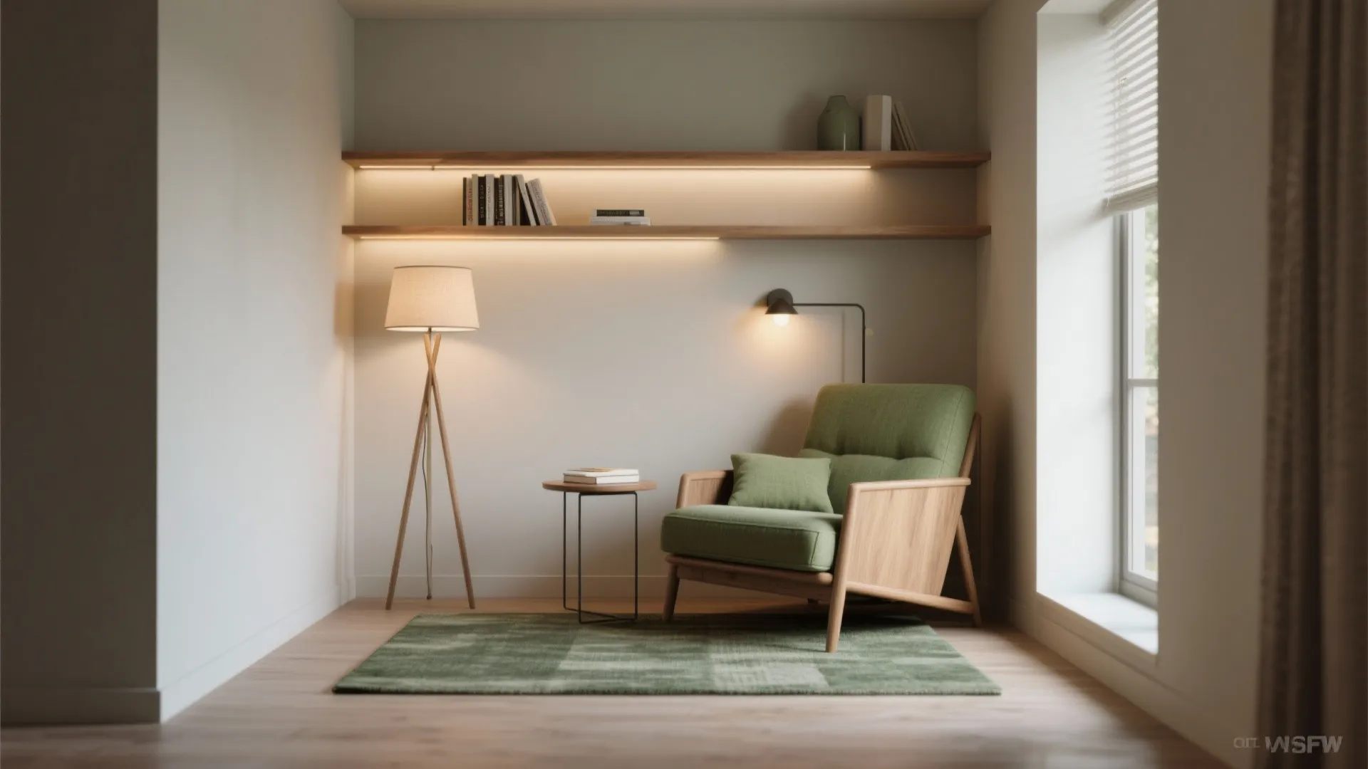 Cozy green armchair with wooden frame standing on green rug under warm floor lamp light