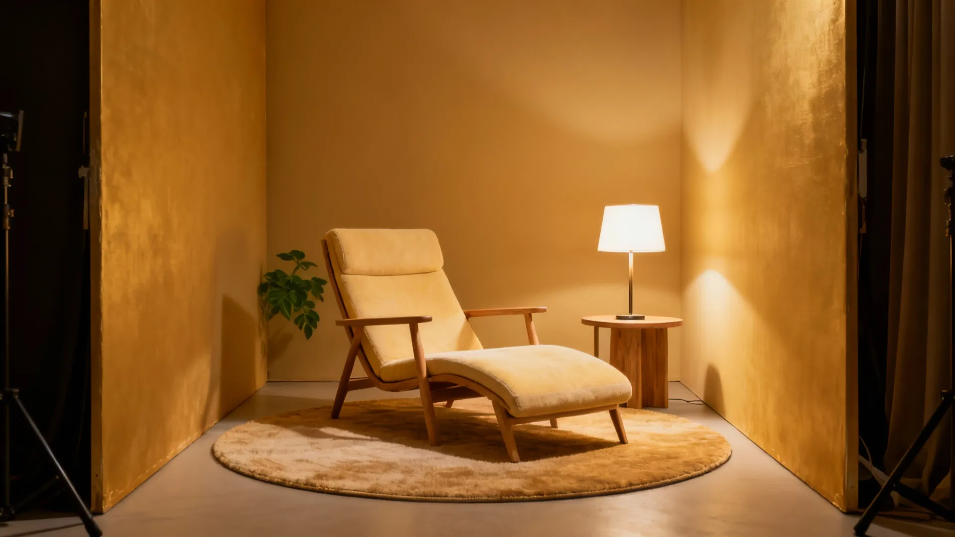 Small reading nook with a lounge chair and a round rug creating a cozy corner.