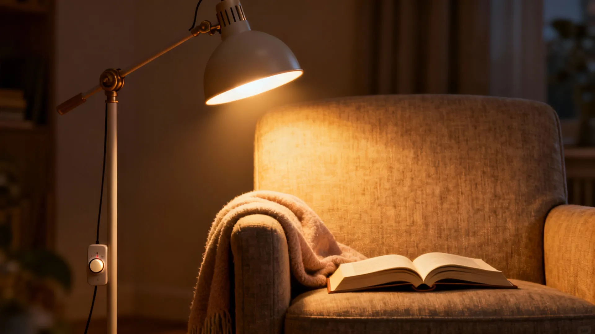 Cozy reading nook with an adjustable floor lamp illuminating an armchair and book.